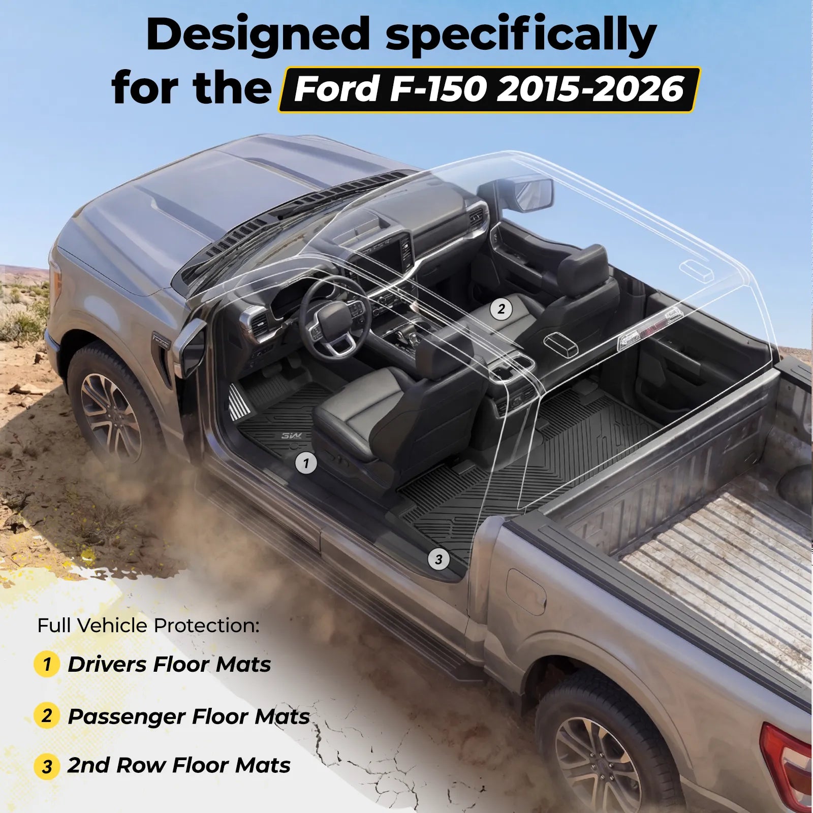 3W Custom Floor Mats Ford F150 (2015-2026) & F250 F350 F450 F550 (2017-2026)