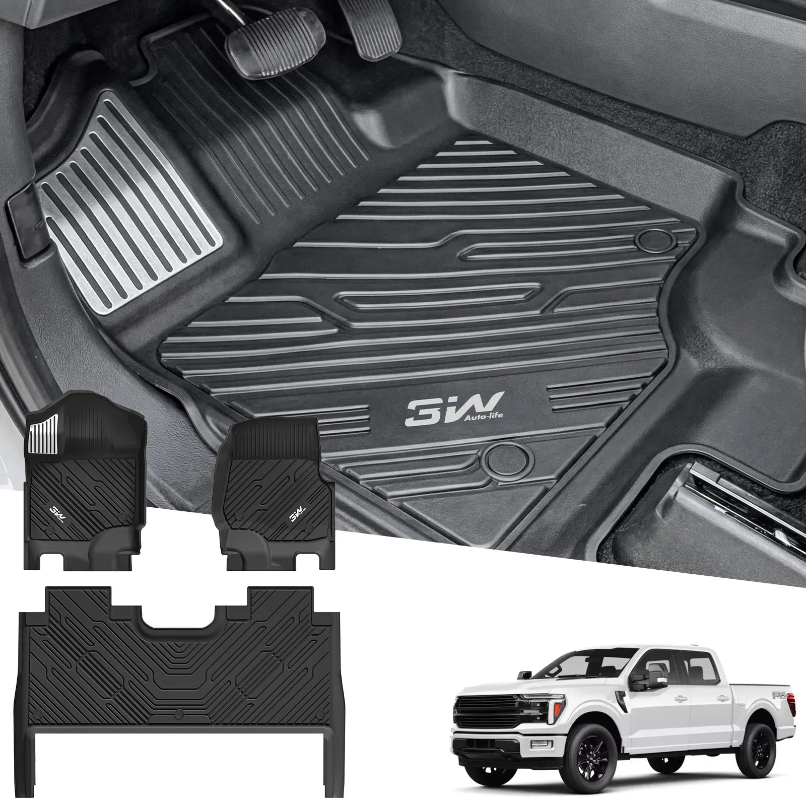 3W All-Weather Thorex™ Floor Mats Fit Ford F150 / F-150 Lightning SuperCrew Cab 2015-2026 (with Original Folding Under-Seat Storage Box)