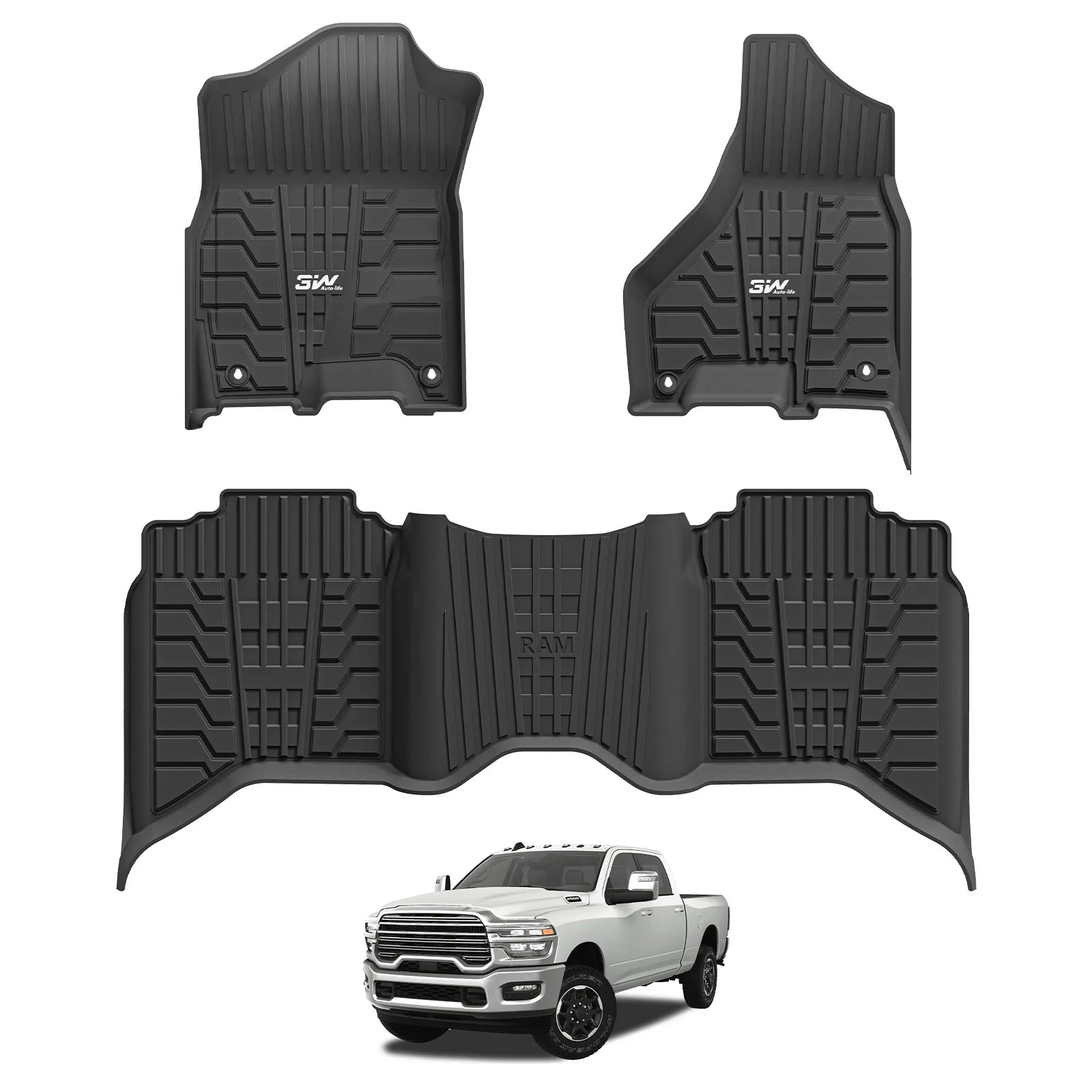 3W Custom Floor Mats for 2019-2025 Dodge Ram 2500/3500 Crew Cab with Bucket Seats (Not for PTO KIT Models) Thorex™ All-Weather Protection