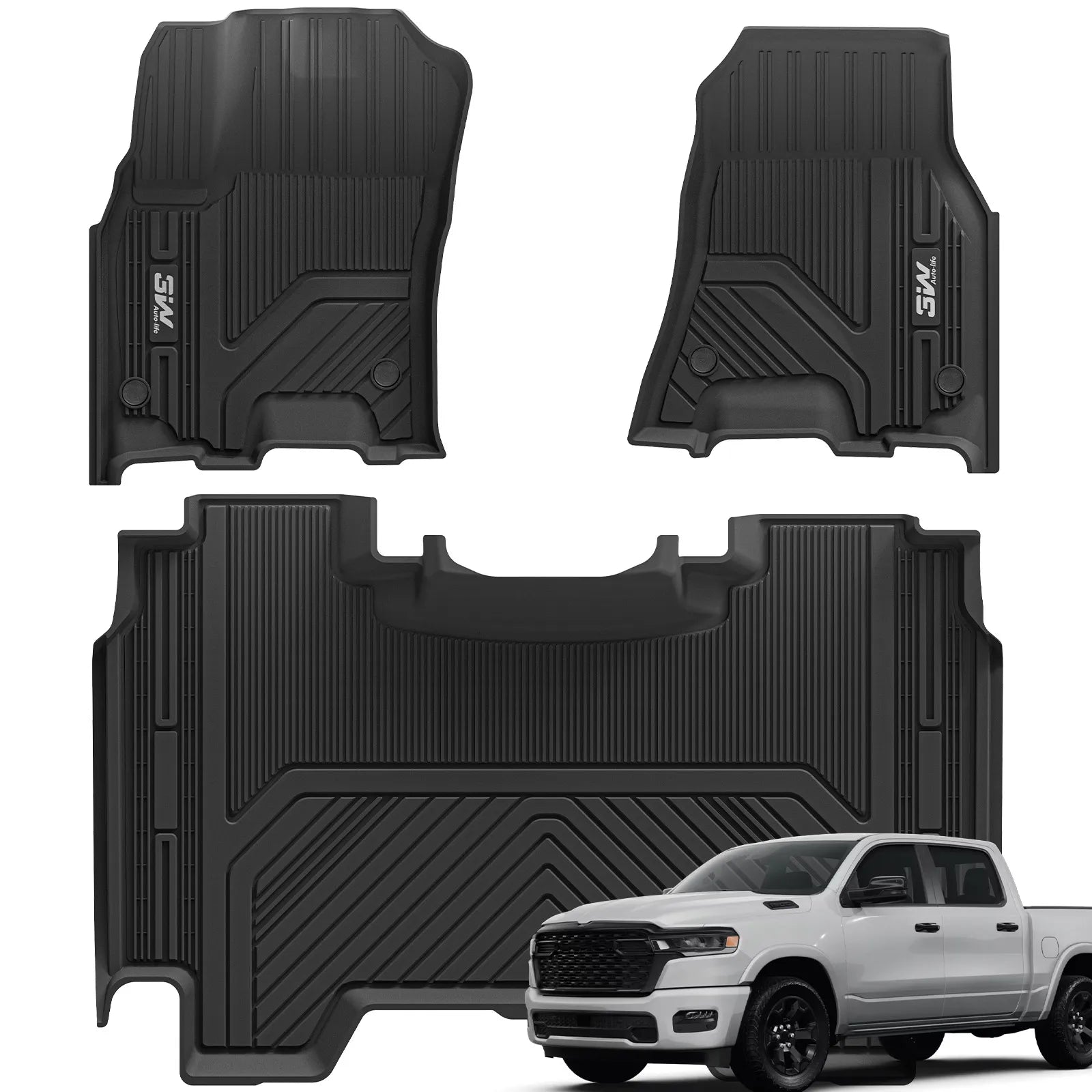 3W Floor Mats Fit for 2025 Dodge Ram 1500 TPE All Weather Custom Fit Floor Liner for Ram 1500 Accessories 1st and 2nd Row Car Mats, Black