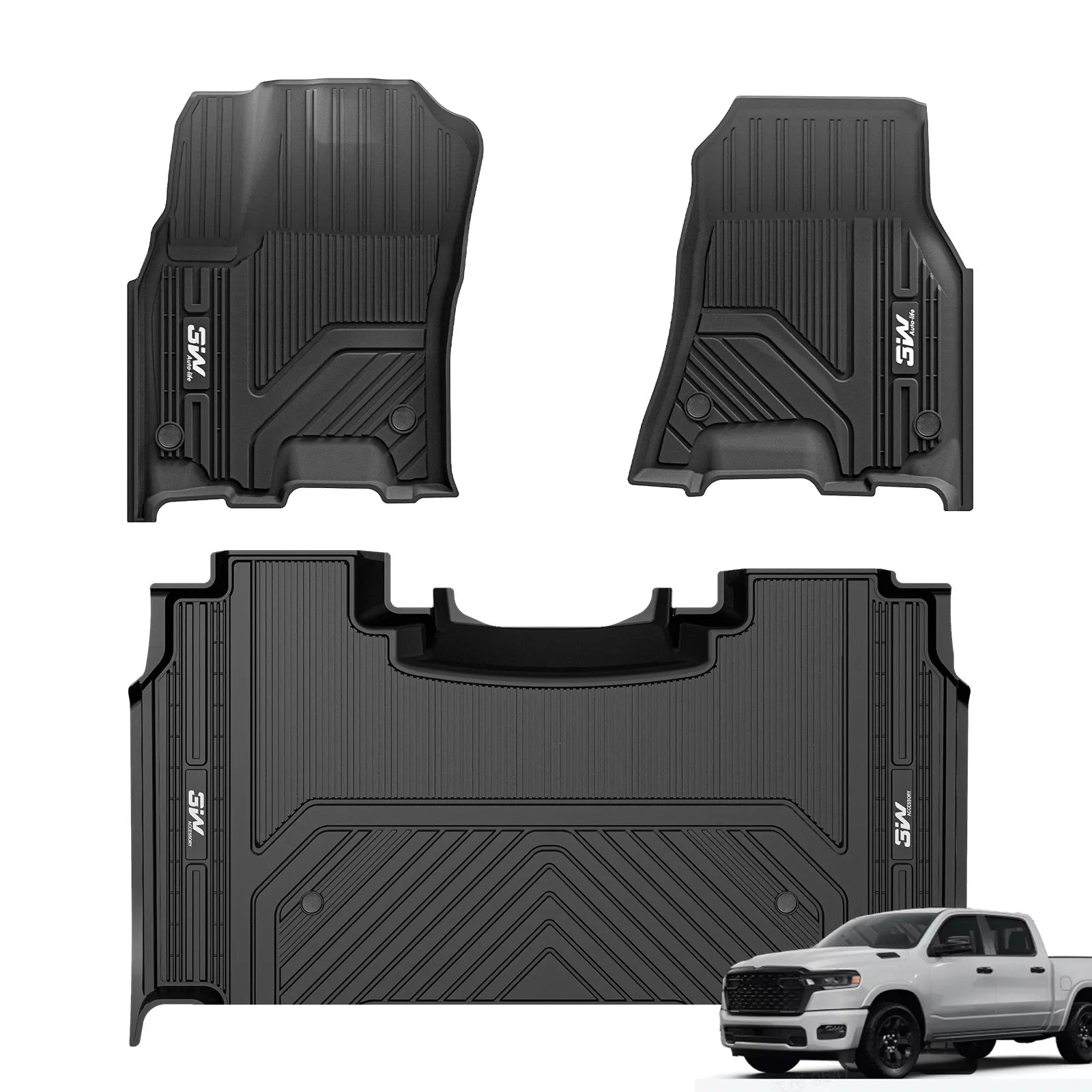 3W Floor Mats Fit for 2025 Dodge Ram 1500 TPE All Weather Custom Fit Floor Liner for Ram 1500 Accessories 1st and 2nd Row Car Mats, Black