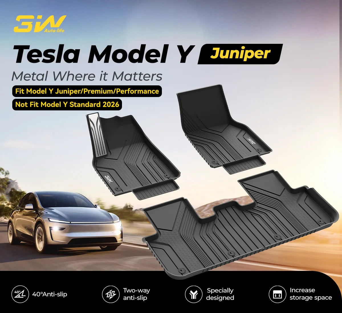 3W Floor Mats / Trunk Mat / Seat Back Protector for Tesla Model Y Juniper 2025-2026  All Weather Protection Floor Mats Trunk Mat Back Seat Cover Set Full Protcetion