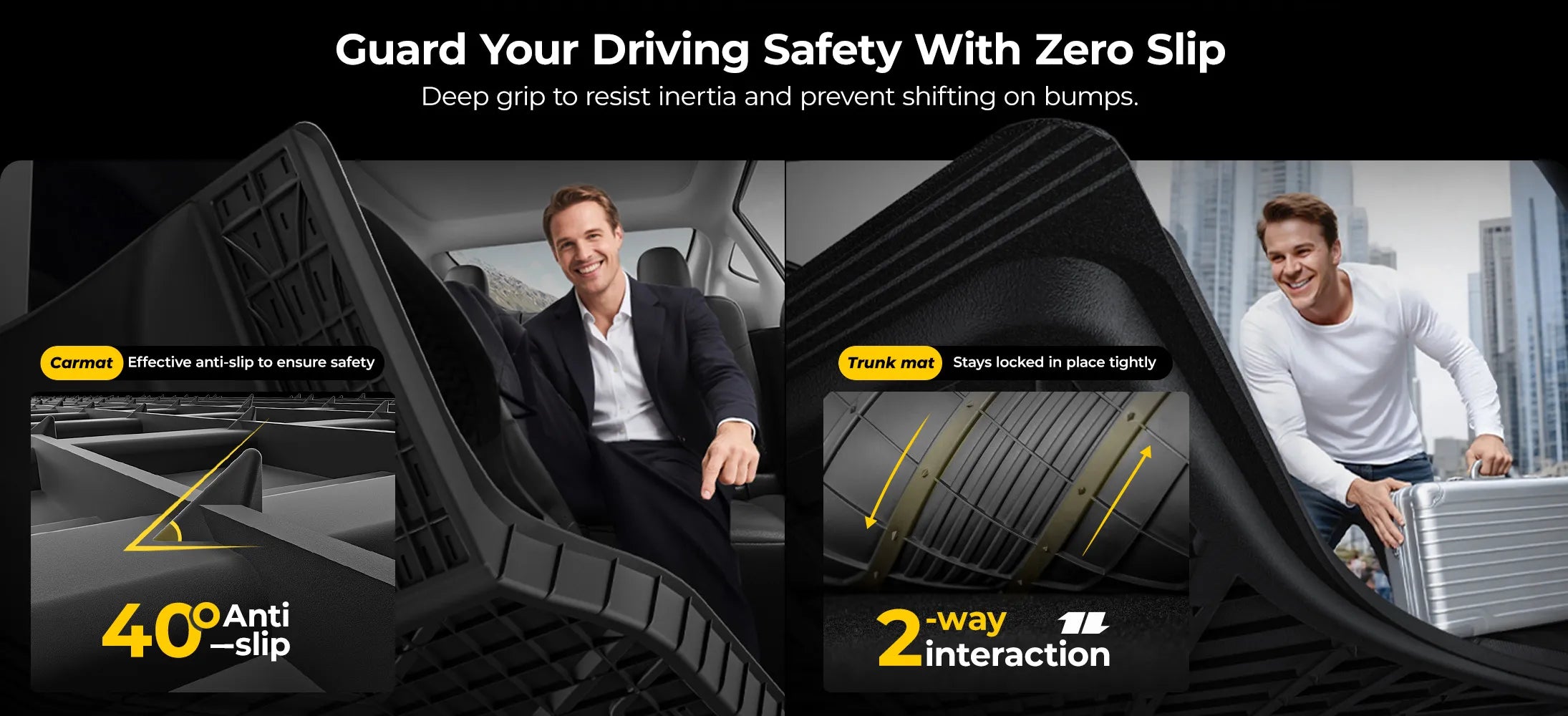 3W Auto-life custom-fit floor mats for Tesla Model Y Juniper, featuring a premium 'Metal Where it Matters' design and all-weather TPE protection for a sleek interior look."