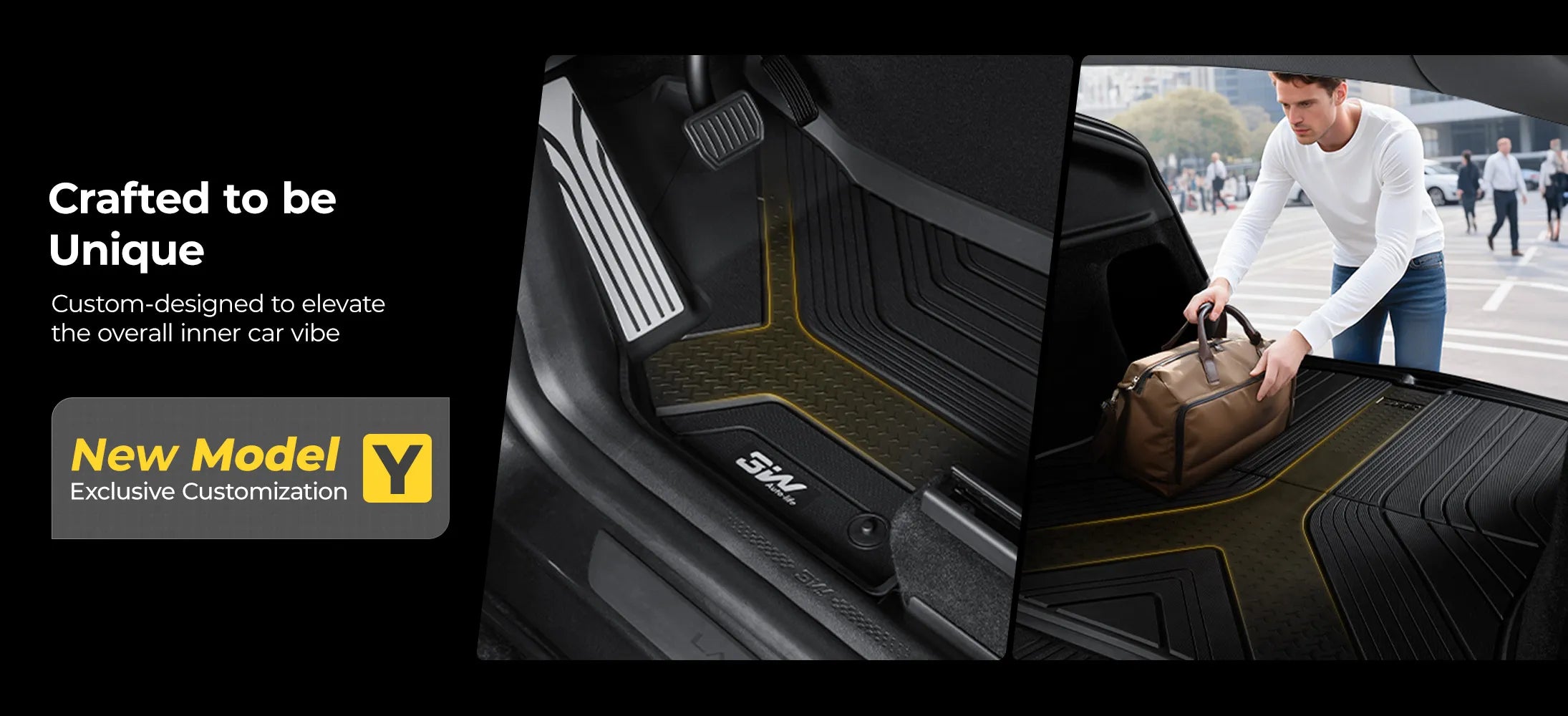 3W Auto-life custom-fit floor mats for Tesla Model Y Juniper, featuring a premium 'Metal Where it Matters' design and all-weather TPE protection for a sleek interior look."