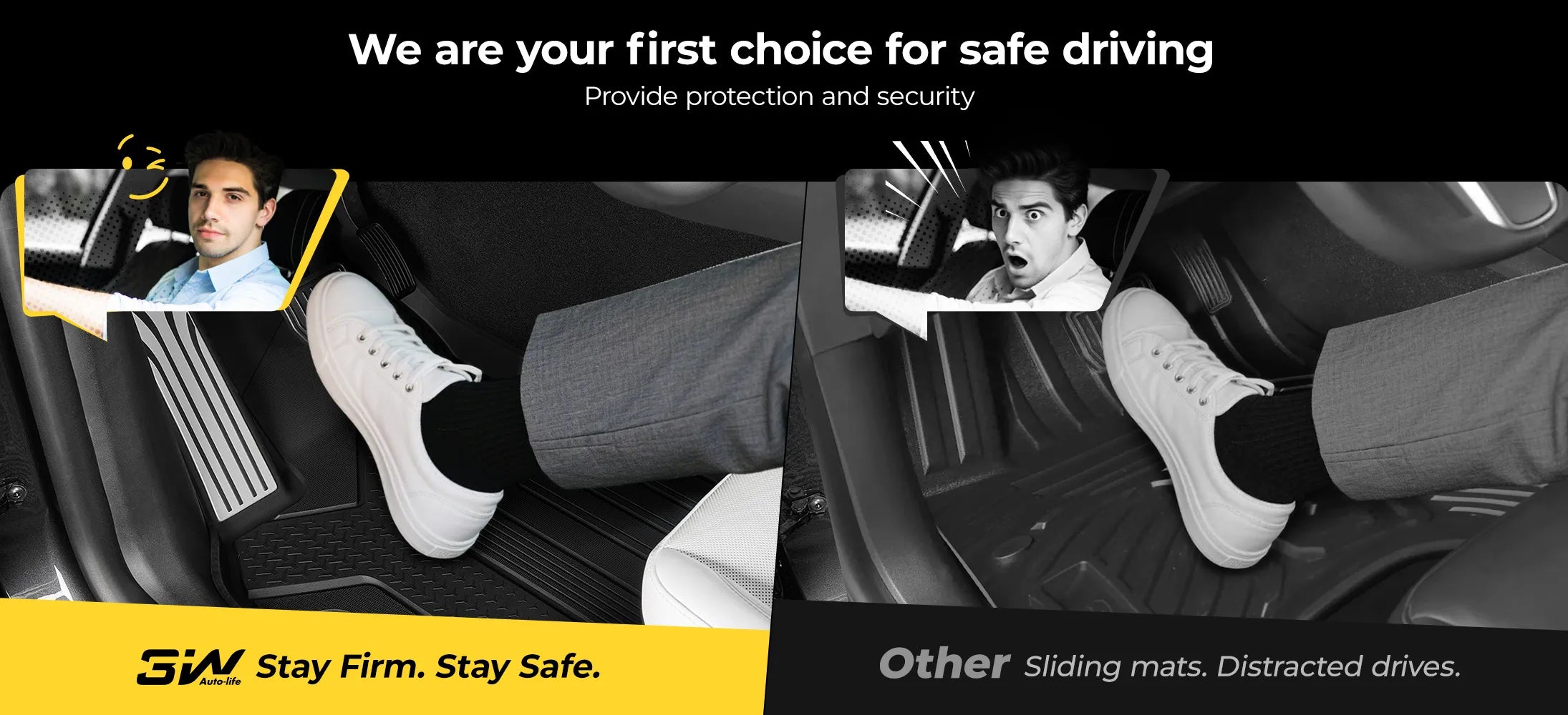 3W Auto-life custom-fit floor mats for Tesla Model Y Juniper, featuring a premium 'Metal Where it Matters' design and all-weather TPE protection for a sleek interior look."