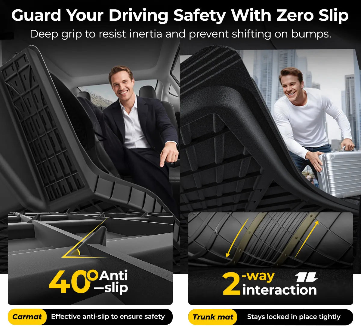 3W Auto-life custom-fit floor mats for Tesla Model Y Juniper, featuring a premium 'Metal Where it Matters' design and all-weather TPE protection for a sleek interior look."