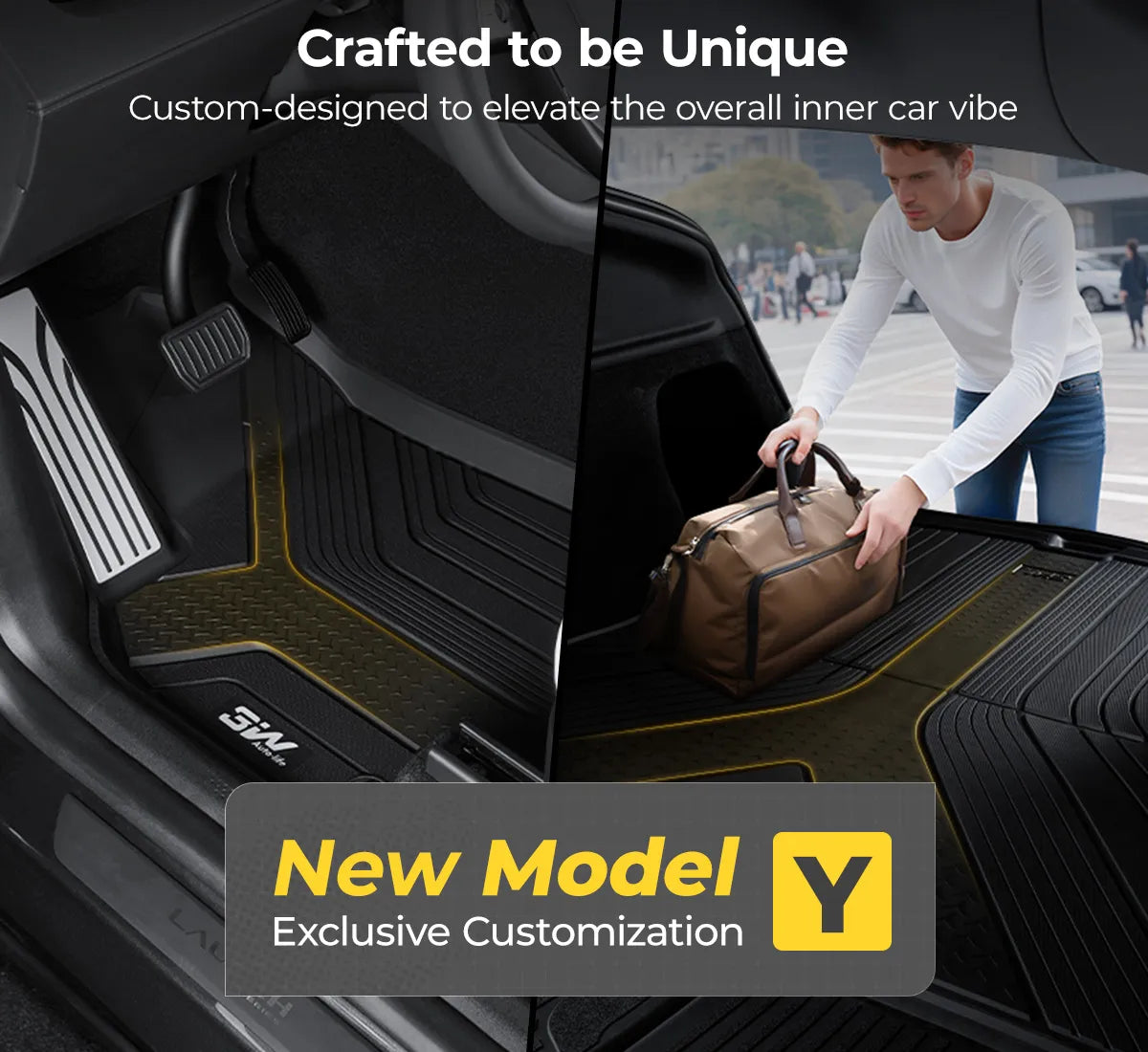 3W Auto-life custom-fit floor mats for Tesla Model Y Juniper, featuring a premium 'Metal Where it Matters' design and all-weather TPE protection for a sleek interior look."