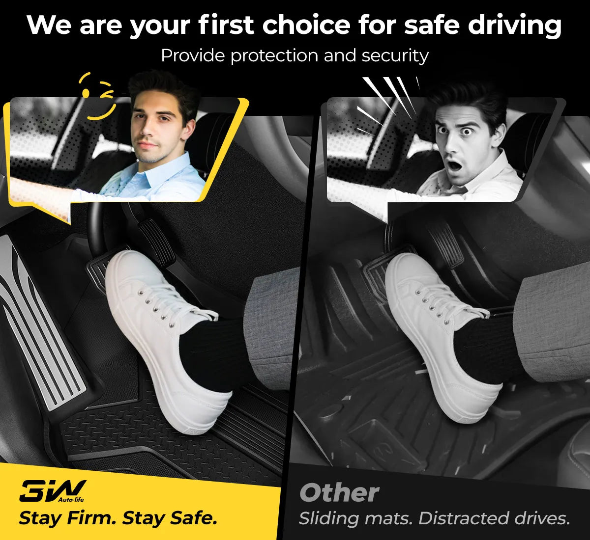 3W Auto-life custom-fit floor mats for Tesla Model Y Juniper, featuring a premium 'Metal Where it Matters' design and all-weather TPE protection for a sleek interior look."