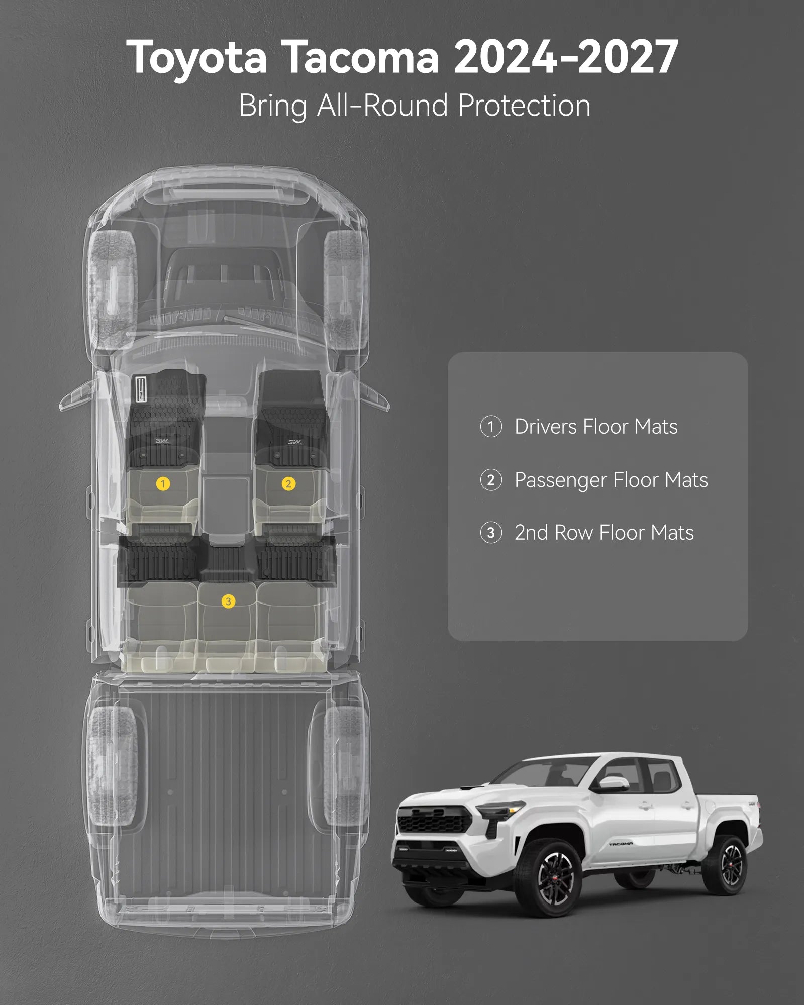 3W Toyota Tacoma 2024-2026 (Double Cab, Automatic Transmission) (Not for Hybrid) Floor Mats/ Bed Mat Thorex™ All Weather Custom Fit - 3Wliners