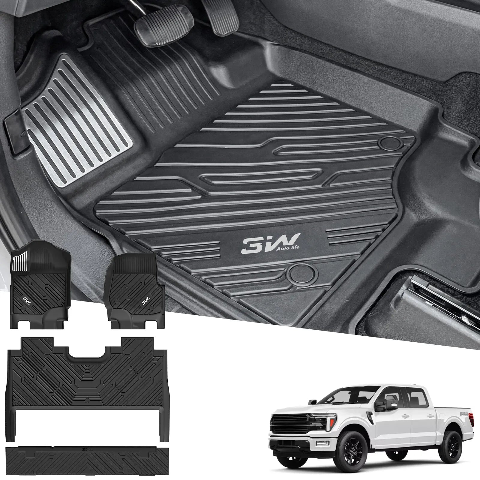 3W All-Weather Thorex™ Floor Mats Fit Ford F150 / F-150 Lightning SuperCrew Cab 2015-2026 (with Original Folding Under-Seat Storage Box)