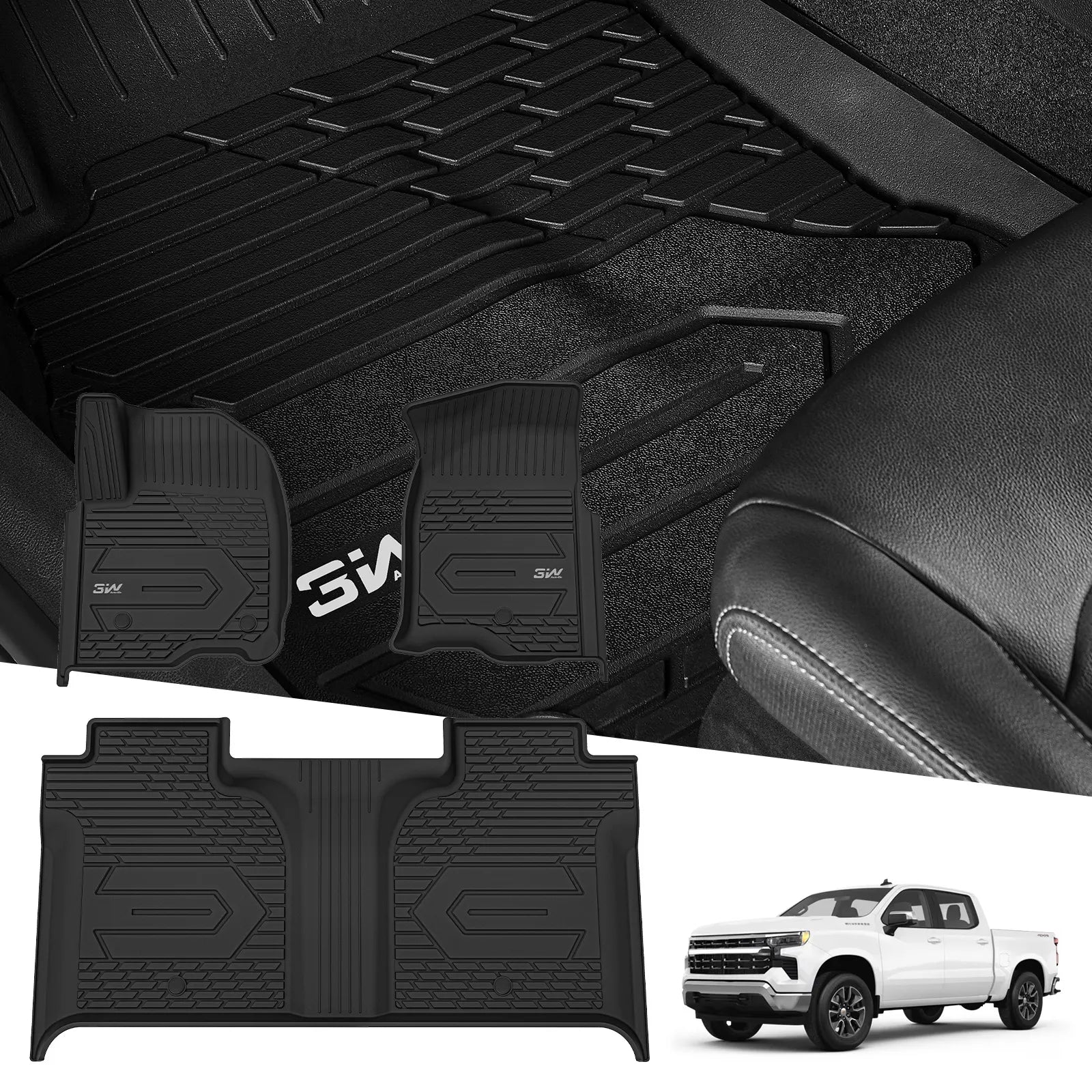 3W Custom Floor Mats 2019-2024 Chevy / Chevrolet Silverado 1500 2500 HD/3500HD Crew Cab TPE Material & All-Weather Protection Vehicles & Parts 3Wliners 2019-2024 Silverado 2019-2024 1st&2nd Row Mats