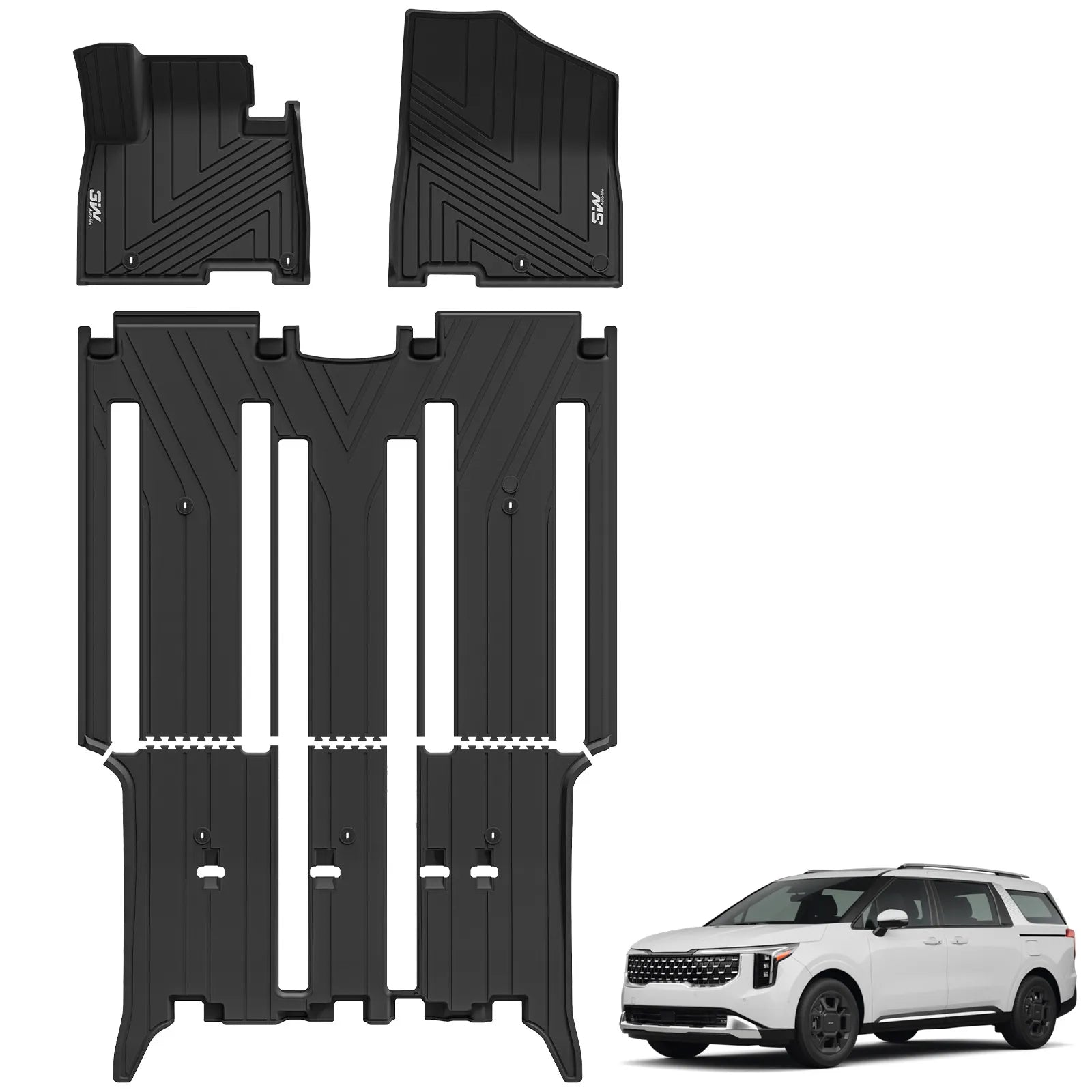 3W Thorex custom-fit TPE floor mats 3-piece set for 2022-2026 Kia Carnival 8 Seats (Gas models, Not for Hybrid), including 1st, 2nd, and 3rd row all-weather liners.