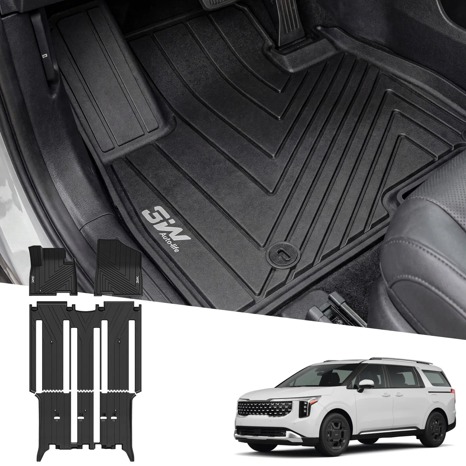 3W Thorex custom-fit TPE floor mats 3-piece set for 2022-2026 Kia Carnival 8 Seats (Gas models, Not for Hybrid), including 1st, 2nd, and 3rd row all-weather liners.