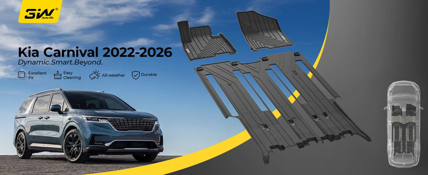 3W Thorex custom-fit TPE floor mats 3-piece set for 2022-2026 Kia Carnival 8 Seats (Gas models, Not for Hybrid), including 1st, 2nd, and 3rd row all-weather liners.