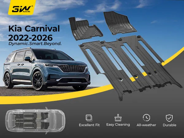 3W Thorex custom-fit TPE floor mats 3-piece set for 2022-2026 Kia Carnival 8 Seats (Gas models, Not for Hybrid), including 1st, 2nd, and 3rd row all-weather liners.
