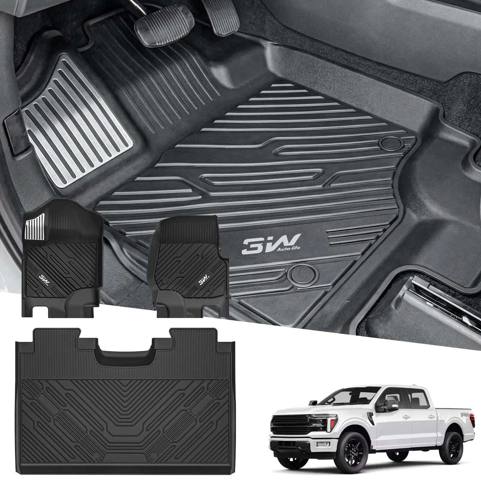 3W Ford F150 Custom Floor Mats F-150 Lightning SuperCrew Cab 2015-2026 TPE Material & All-Weather Protection (without Original Folding Under-Seat Storage Box)