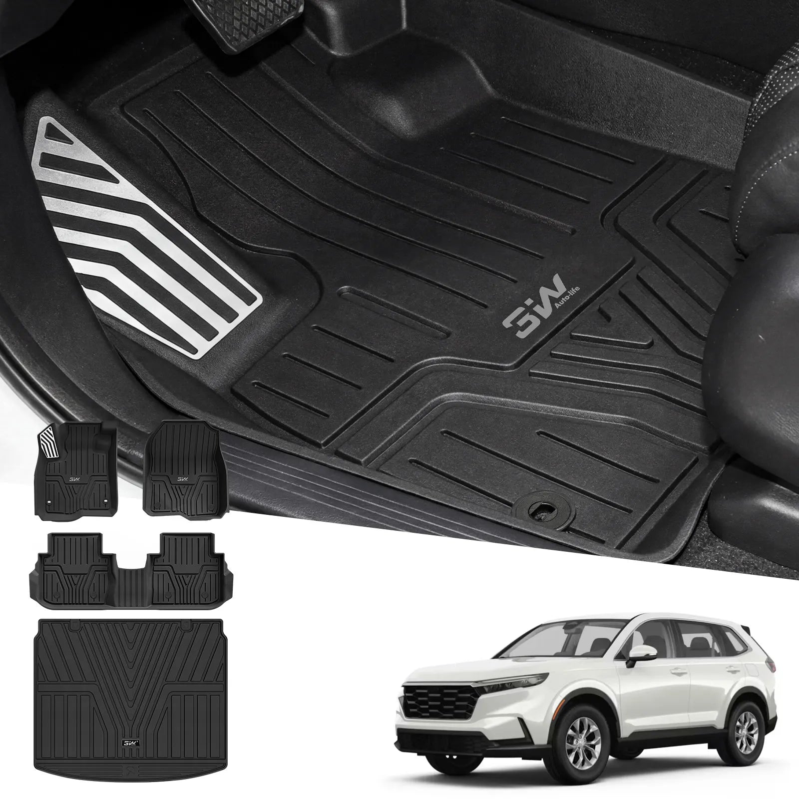 3W Honda CR-V 2023-2026 Custom Floor Mats(Include Hybrid) / Trunk Mat(Upper Positon) CRV TPE Material & All-Weather Protection