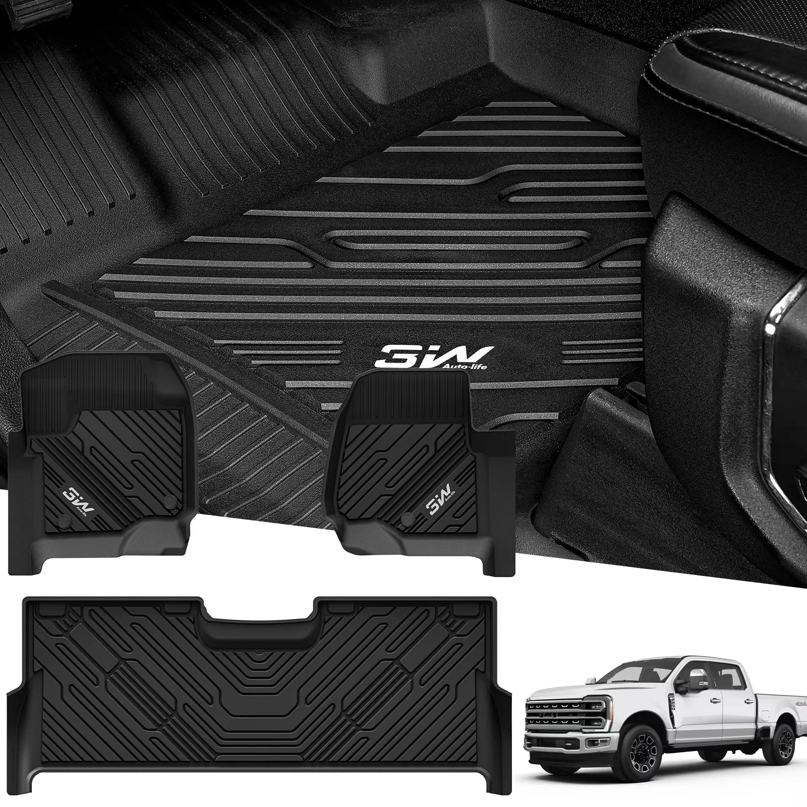 3W Custom Floor Mats Ford F250 F350 F450 F550 2017-2026 Super Duty CrewCab with Under Seat Storage All-Weather Protection (Bucket Seat & Carpet Floor, Not fit XLT)