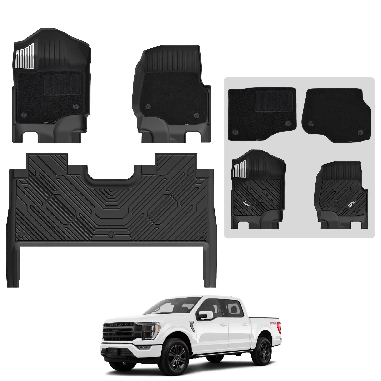3W All-Weather Floor Mats Fit Ford F150 / F-150 Lightning SuperCrew Cab 2015-2025 (with Original Folding Under-Seat Storage Box) - 3Wliners