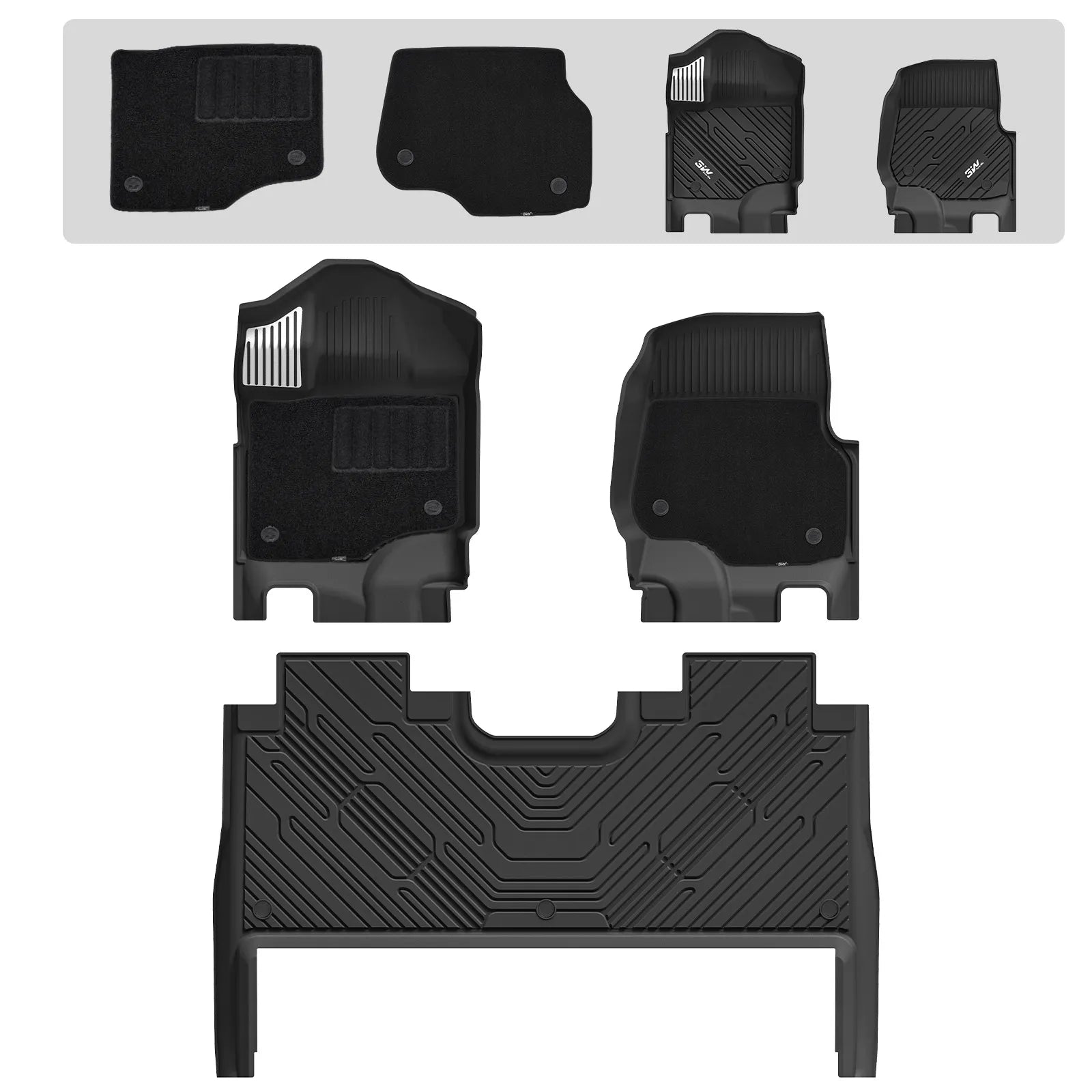 3W All-Weather Floor Mats Fit Ford F150 / F-150 Lightning SuperCrew Cab 2015-2025 (with Original Folding Under-Seat Storage Box) - 3Wliners