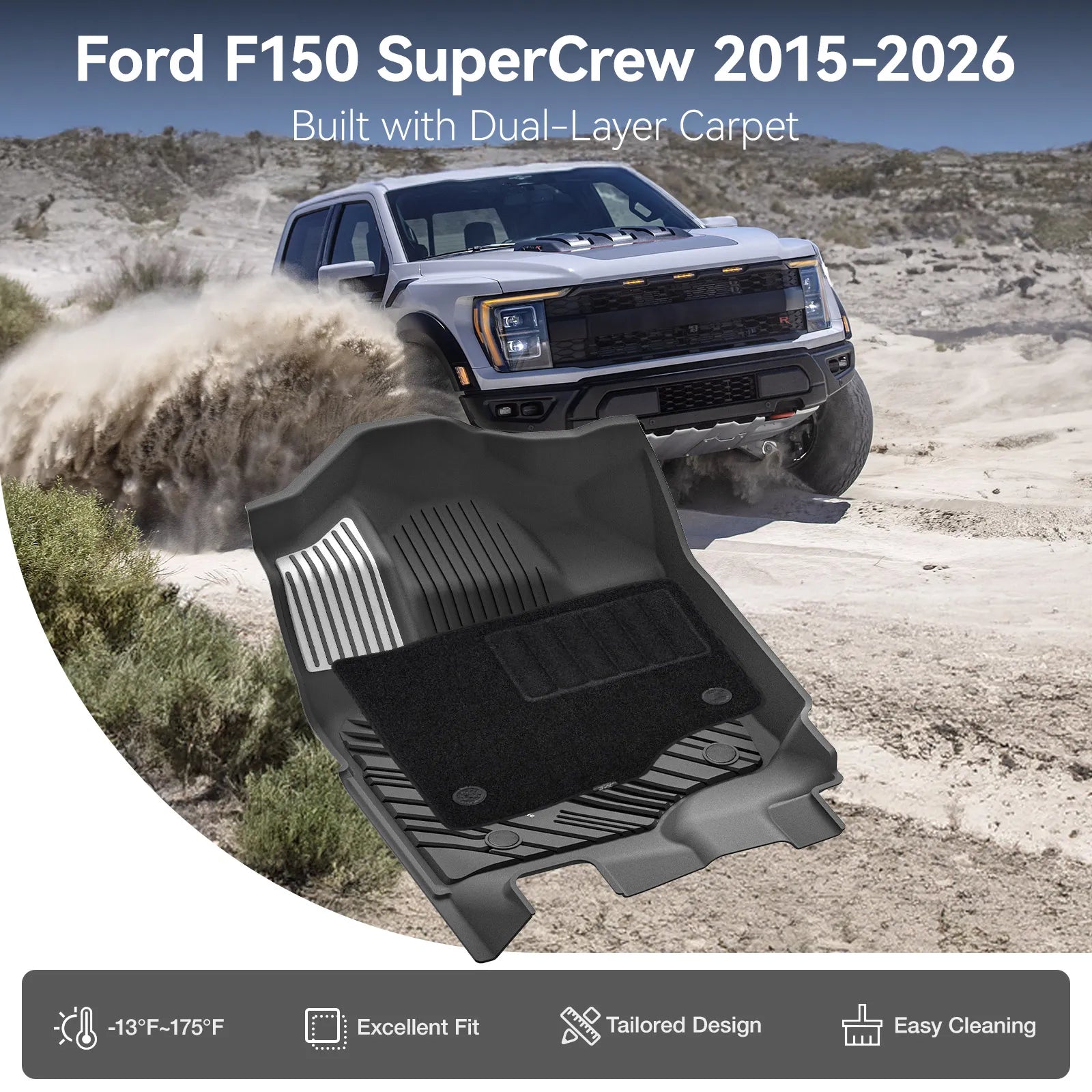 3W All-Weather Floor Mats Fit Ford F150 / F-150 Lightning SuperCrew Cab 2015-2025 (with Original Folding Under-Seat Storage Box) - 3Wliners