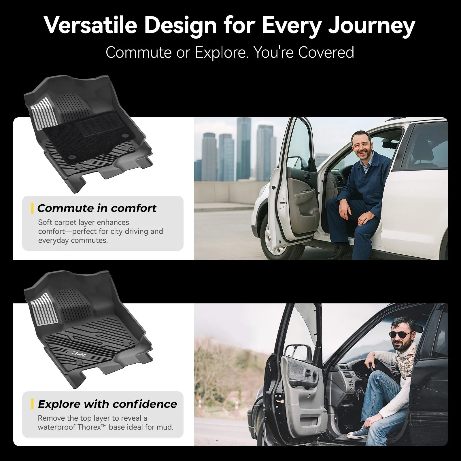 3W All-Weather Floor Mats Fit Ford F150 / F-150 Lightning SuperCrew Cab 2015-2025 (with Original Folding Under-Seat Storage Box) - 3Wliners