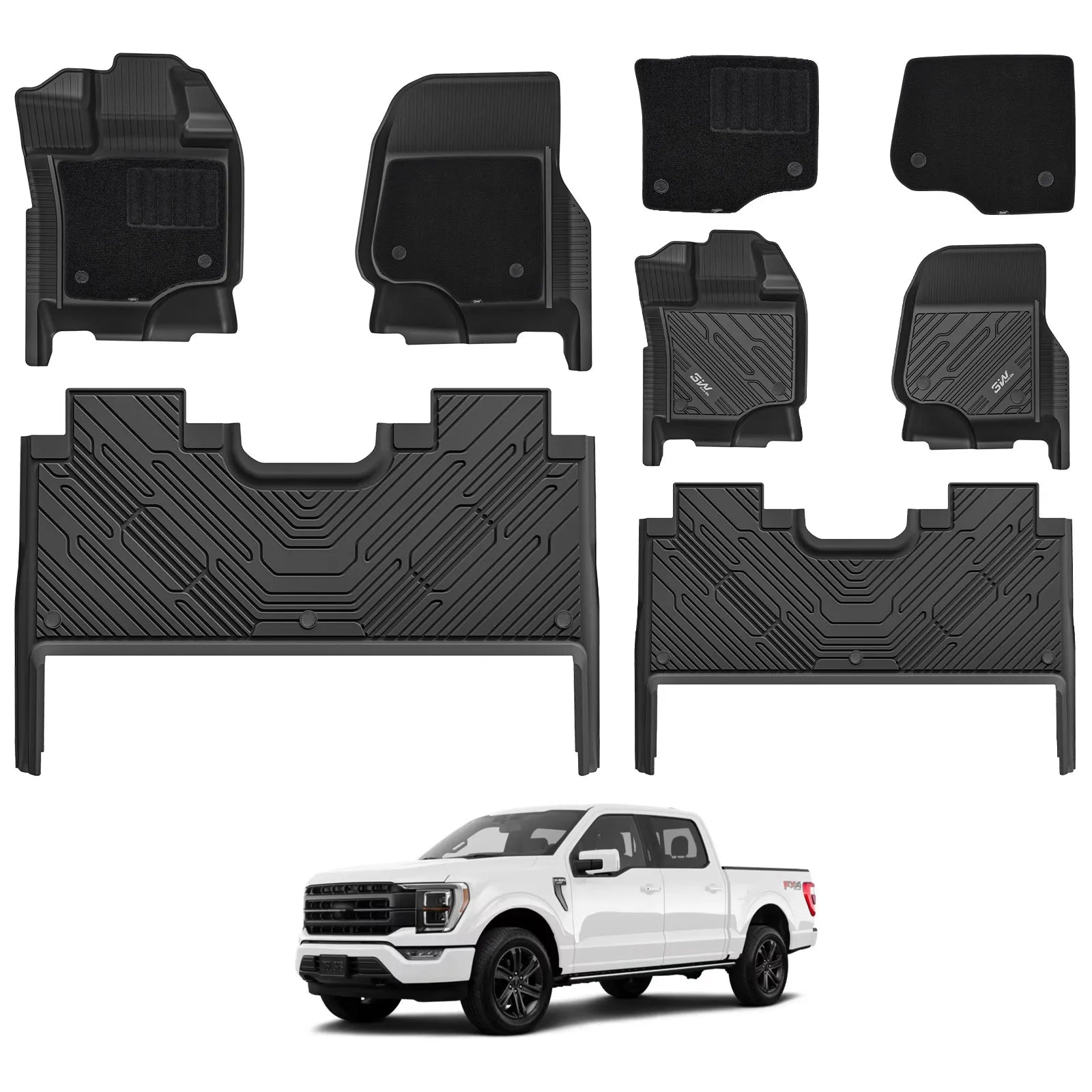 3W All-Weather Floor Mats Fit Ford F150 / F-150 Lightning SuperCrew Cab 2015-2025 (with Original Folding Under-Seat Storage Box) - 3Wliners