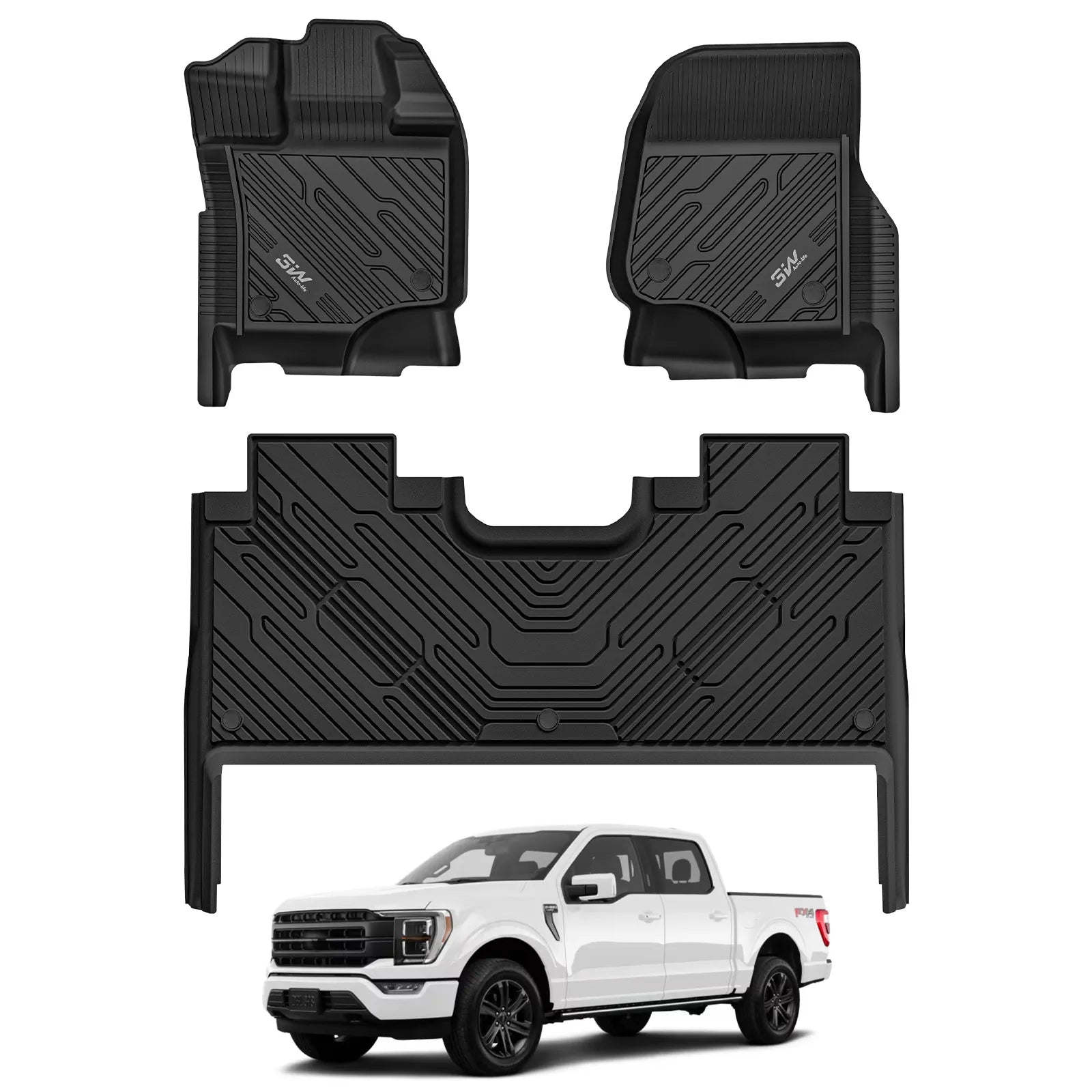 3W All-Weather Floor Mats Fit Ford F150 / F-150 Lightning SuperCrew Cab 2015-2025 (with Original Folding Under-Seat Storage Box) - 3Wliners