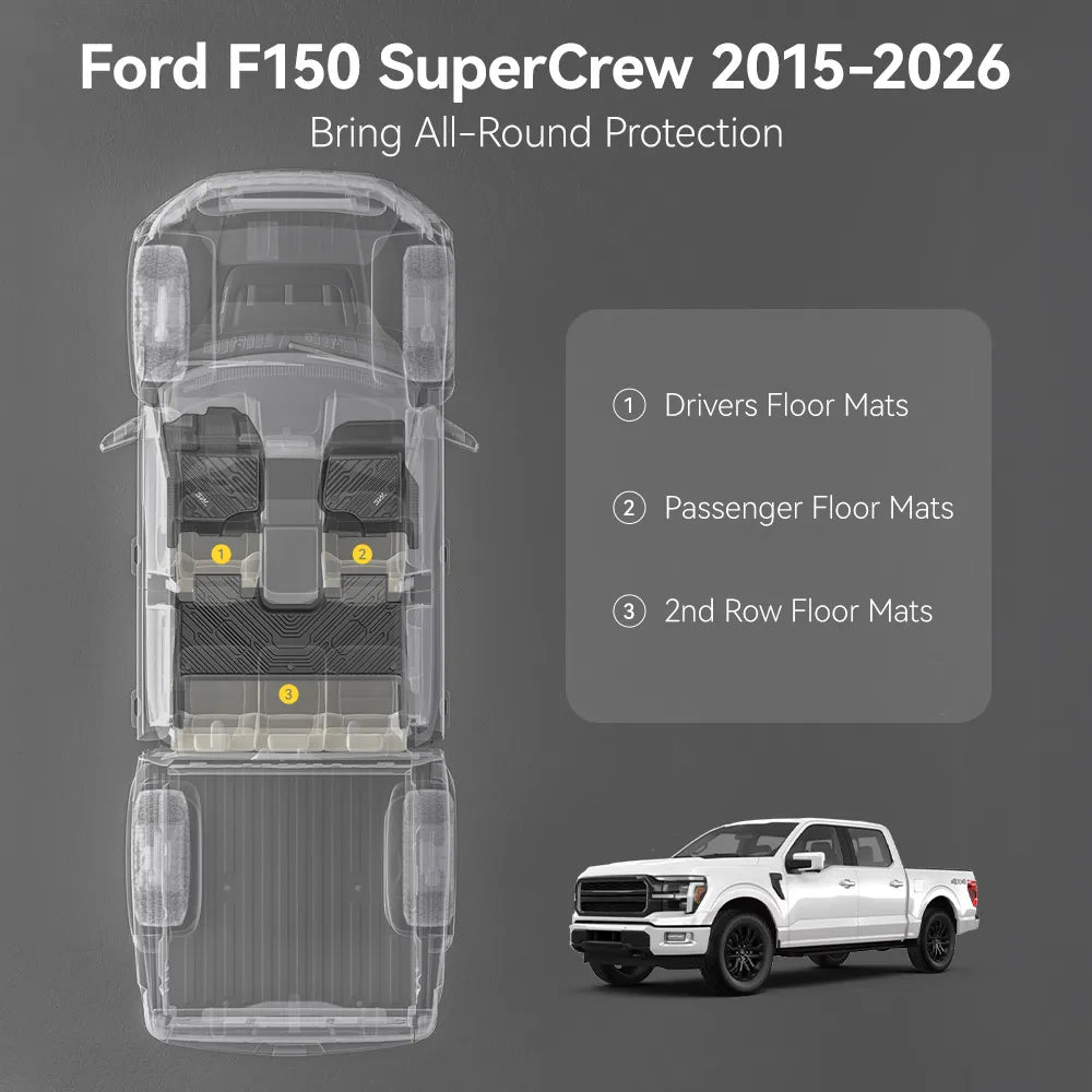3W All-Weather Floor Mats Fit Ford F150 / F-150 Lightning SuperCrew Cab 2015-2025 (with Original Folding Under-Seat Storage Box) - 3Wliners