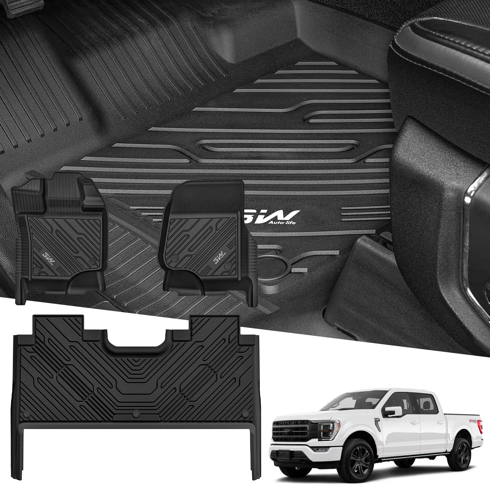 3W All-Weather Floor Mats Fit Ford F150 / F-150 Lightning SuperCrew Cab 2015-2025 (with Original Folding Under-Seat Storage Box) - 3Wliners