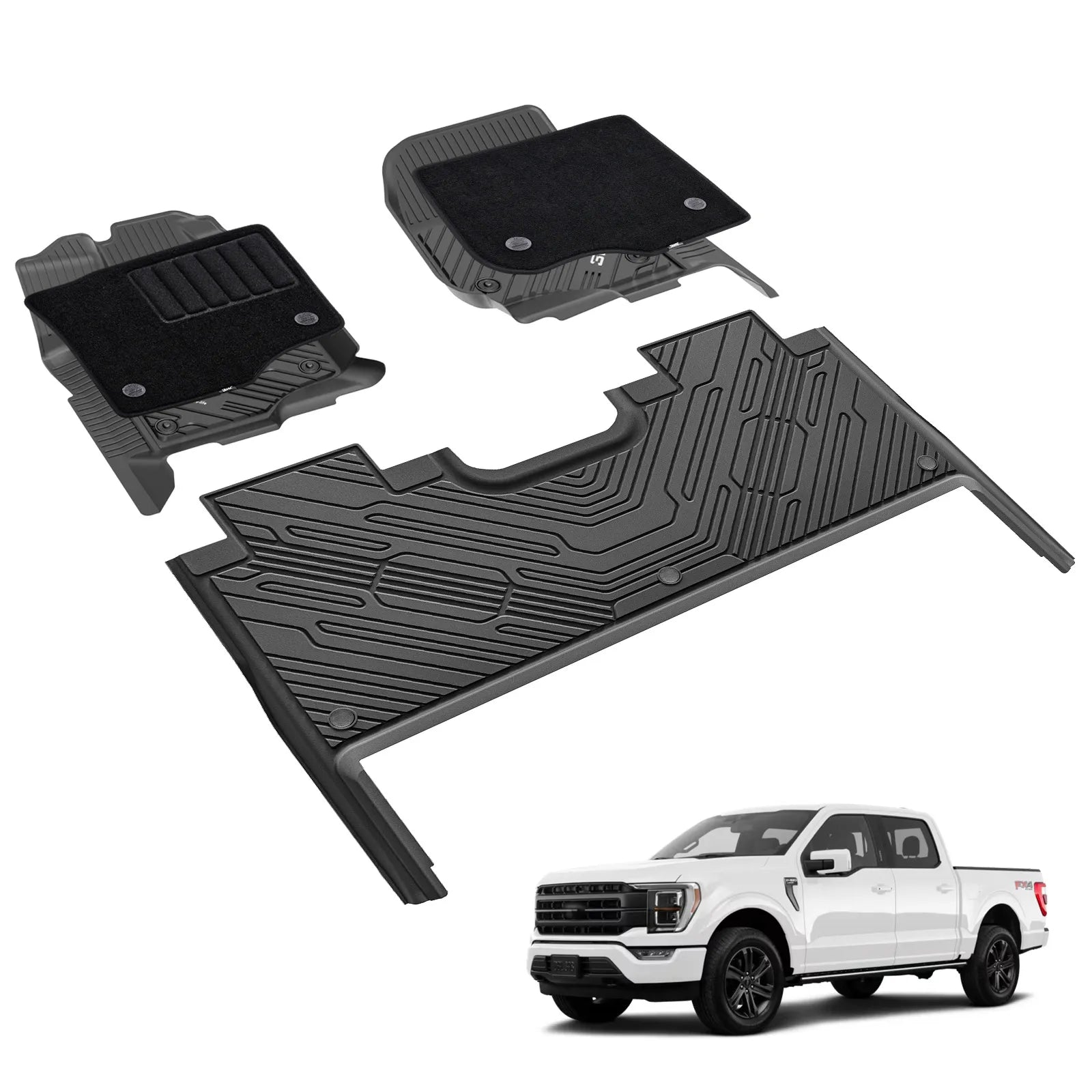 3W All-Weather Floor Mats Fit Ford F150 / F-150 Lightning SuperCrew Cab 2015-2025 (with Original Folding Under-Seat Storage Box) - 3Wliners