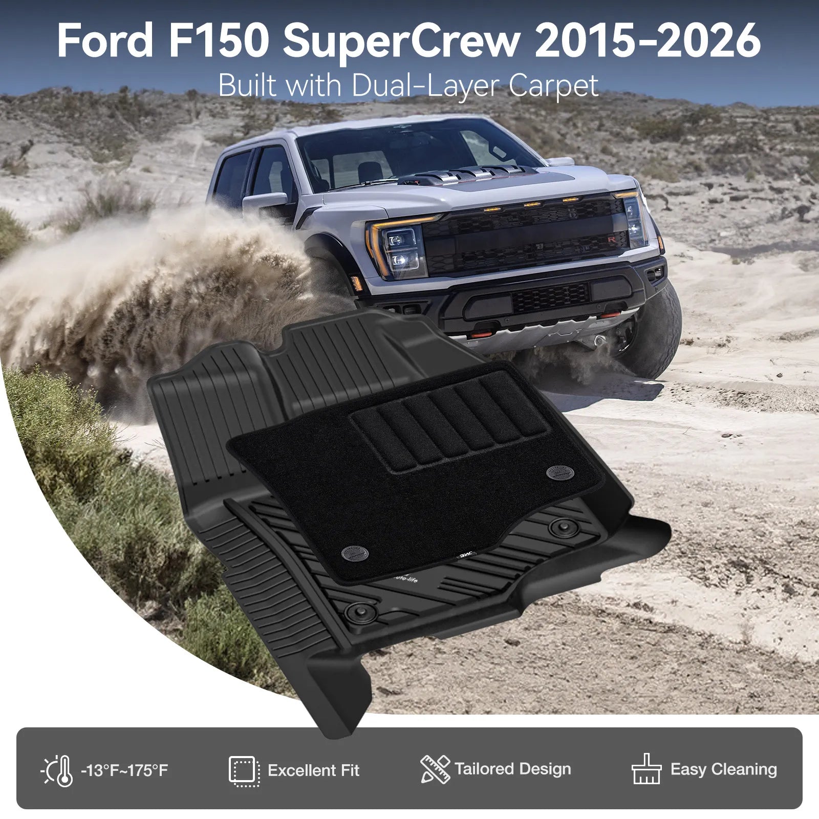 3W All-Weather Floor Mats Fit Ford F150 / F-150 Lightning SuperCrew Cab 2015-2025 (with Original Folding Under-Seat Storage Box) - 3Wliners