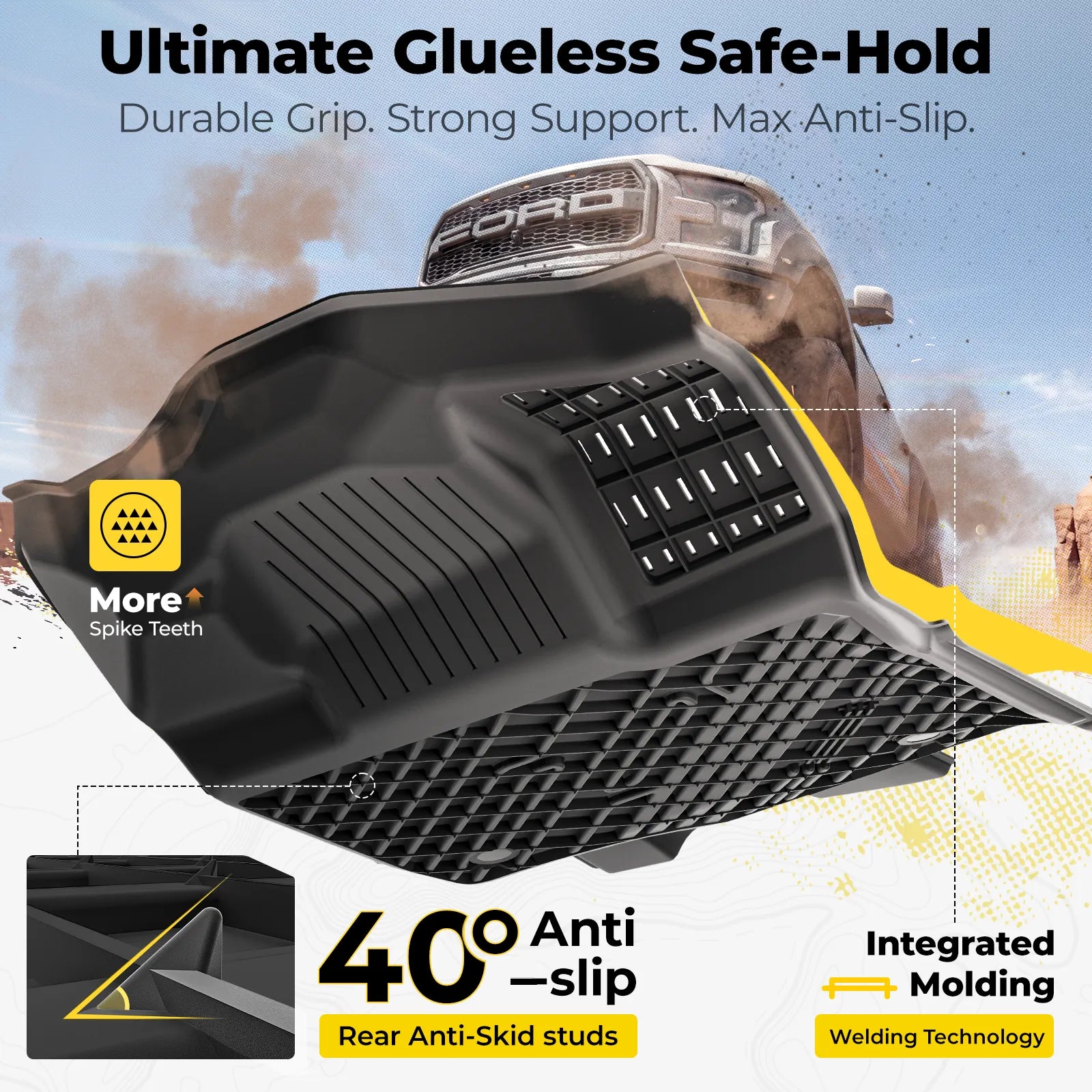 3W All-Weather Floor Mats Fit Ford F150 / F-150 Lightning SuperCrew Cab 2015-2025 (with Original Folding Under-Seat Storage Box) - 3Wliners