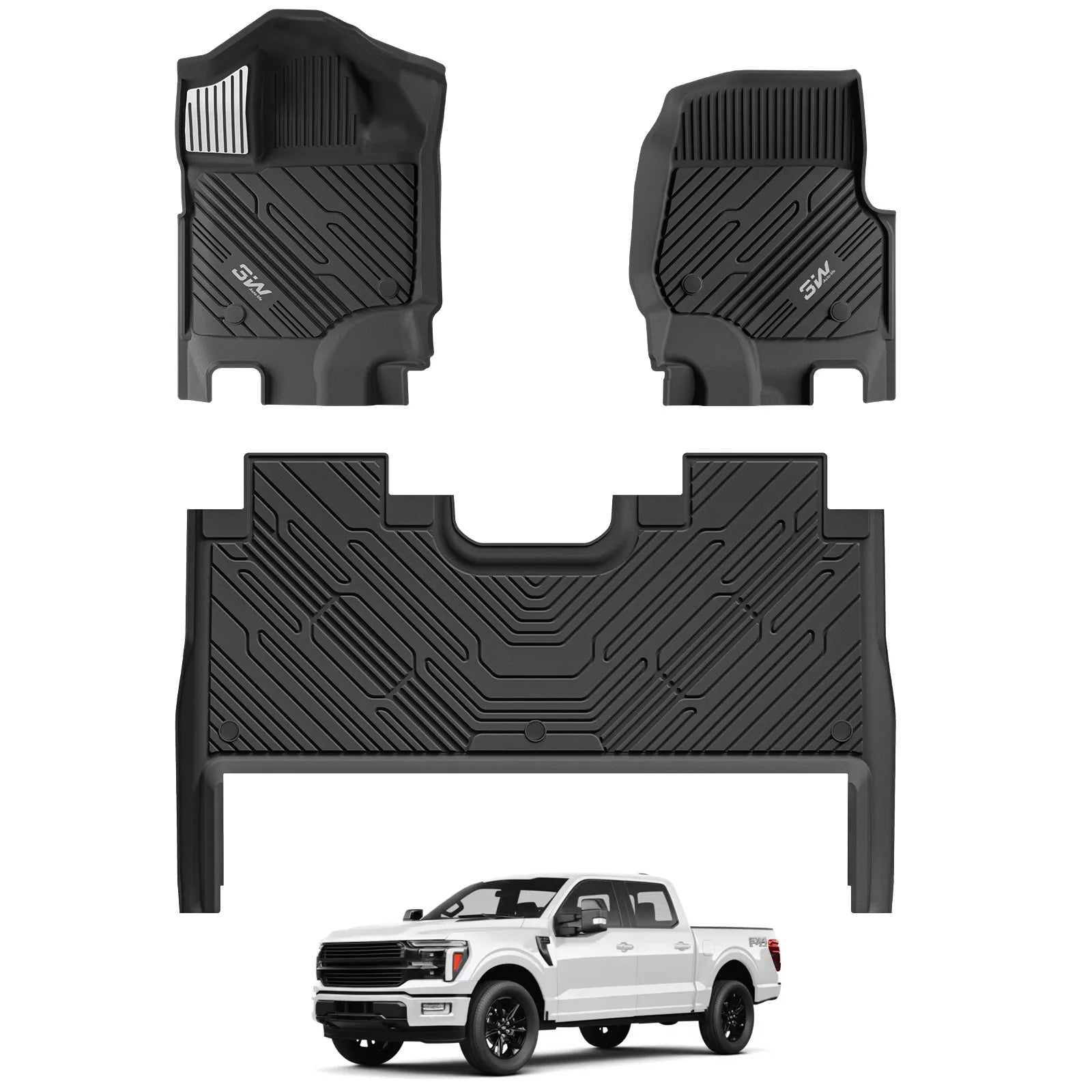 3W All-Weather Floor Mats Fit Ford F150 / F-150 Lightning SuperCrew Cab 2015-2025 (with Original Folding Under-Seat Storage Box) - 3Wliners