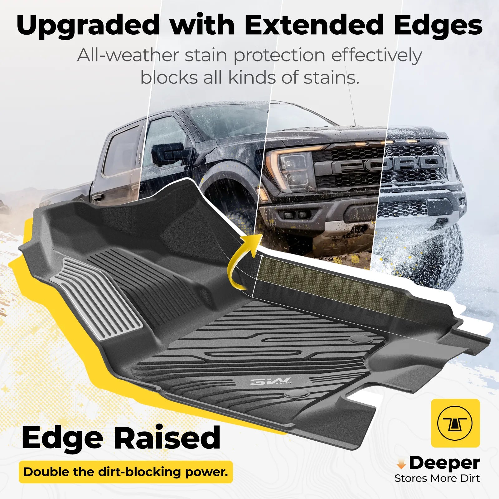 3W All-Weather Floor Mats Fit Ford F150 / F-150 Lightning SuperCrew Cab 2015-2025 (with Original Folding Under-Seat Storage Box) - 3Wliners