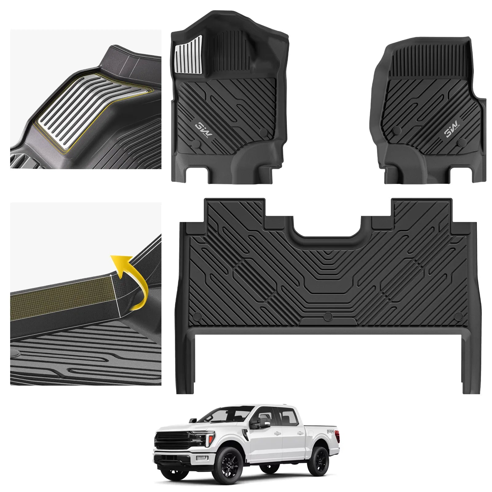 3W All-Weather Floor Mats Fit Ford F150 / F-150 Lightning SuperCrew Cab 2015-2025 (with Original Folding Under-Seat Storage Box) - 3Wliners