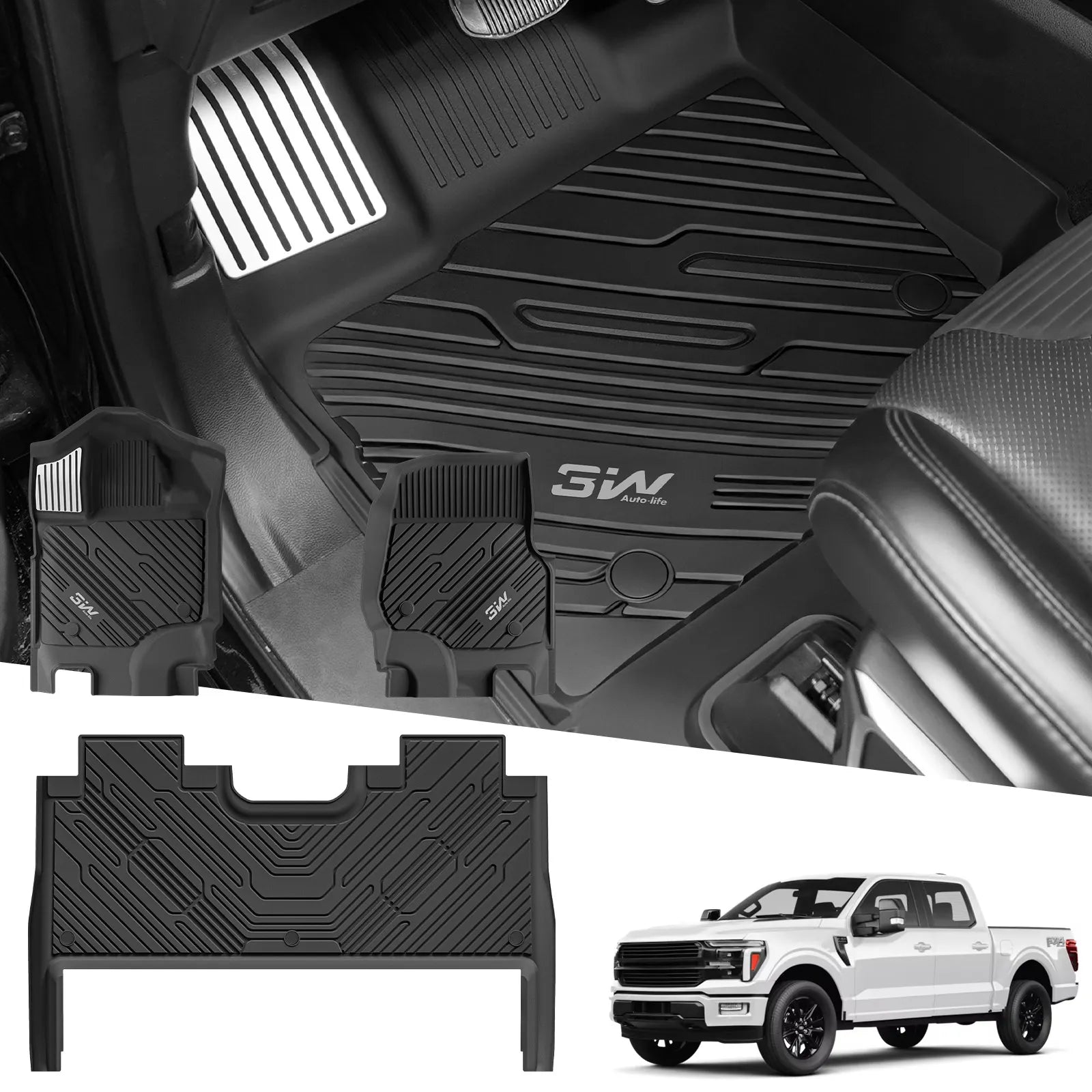 3W All-Weather Floor Mats Fit Ford F150 / F-150 Lightning SuperCrew Cab 2015-2025 (with Original Folding Under-Seat Storage Box) - 3Wliners