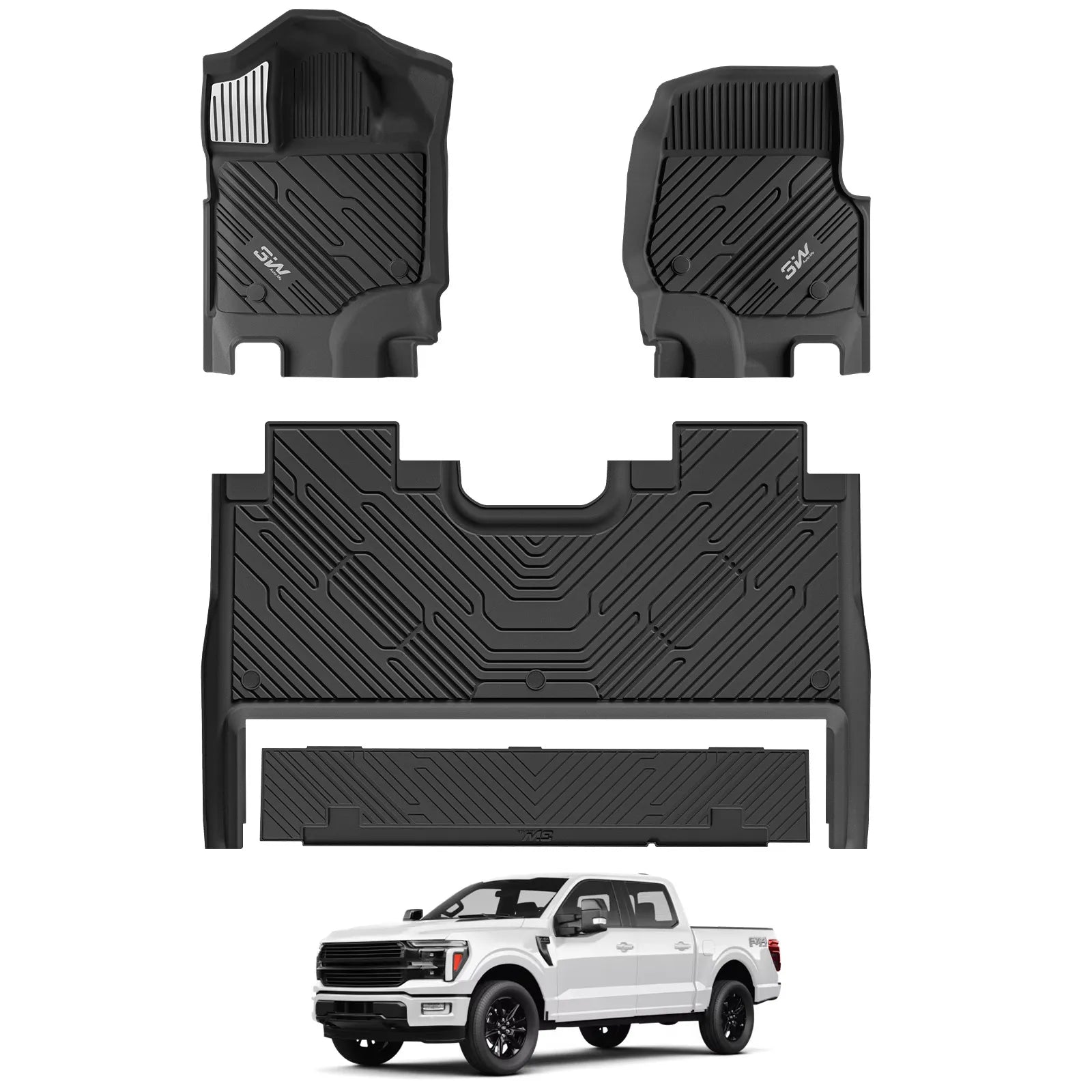 3W All-Weather Floor Mats Fit Ford F150 / F-150 Lightning SuperCrew Cab 2015-2025 (with Original Folding Under-Seat Storage Box) - 3Wliners