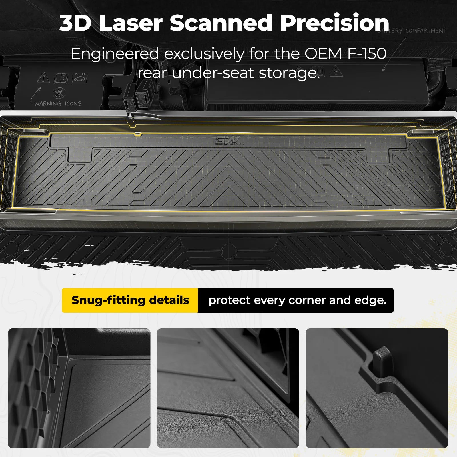 3W All-Weather Floor Mats Fit Ford F150 / F-150 Lightning SuperCrew Cab 2015-2025 (with Original Folding Under-Seat Storage Box) - 3Wliners