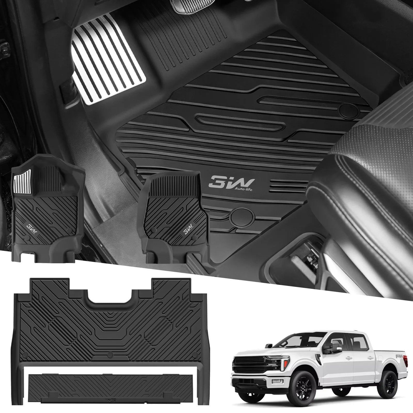 3W All-Weather Floor Mats Fit Ford F150 / F-150 Lightning SuperCrew Cab 2015-2025 (with Original Folding Under-Seat Storage Box) - 3Wliners