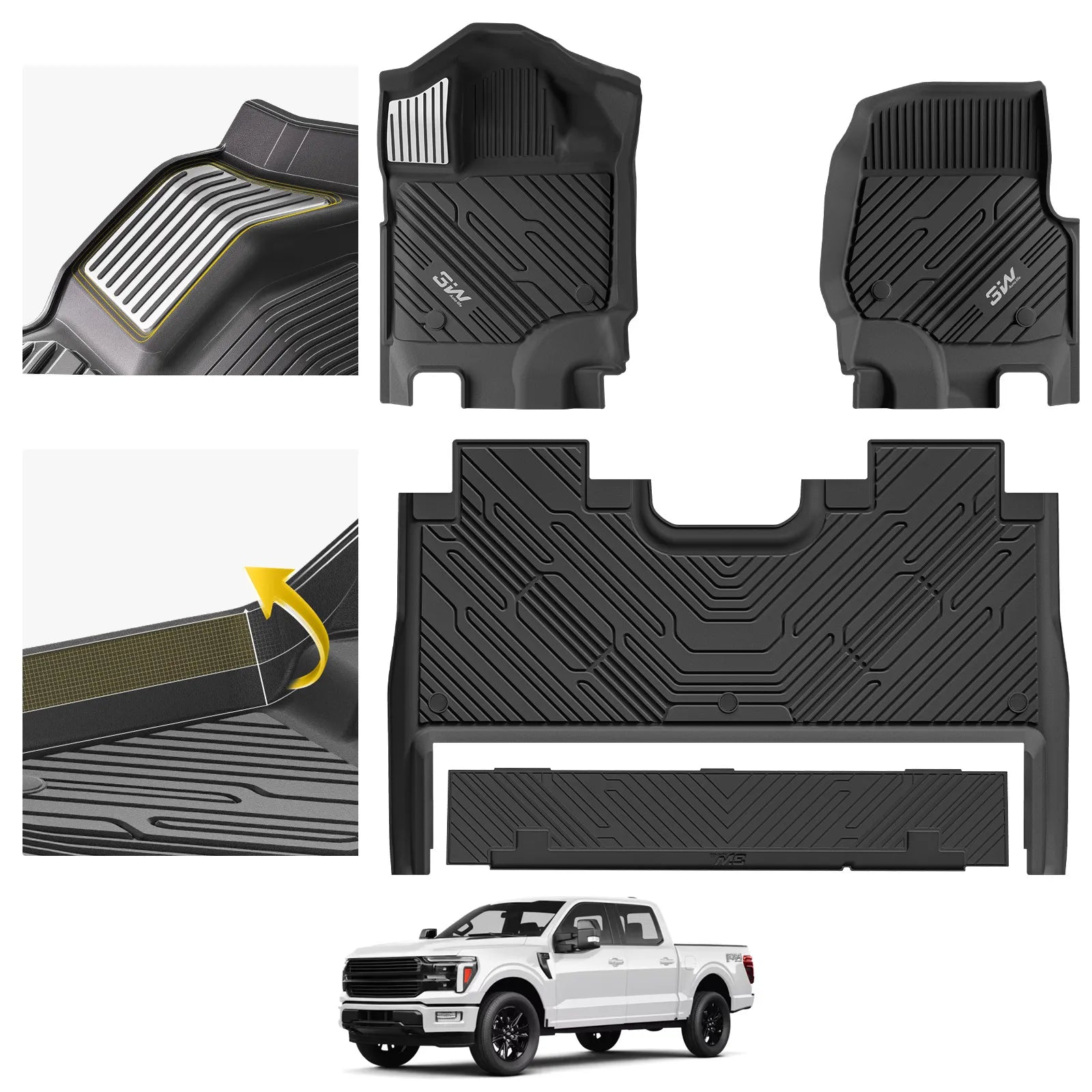 3W All-Weather Floor Mats Fit Ford F150 / F-150 Lightning SuperCrew Cab 2015-2025 (with Original Folding Under-Seat Storage Box) - 3Wliners