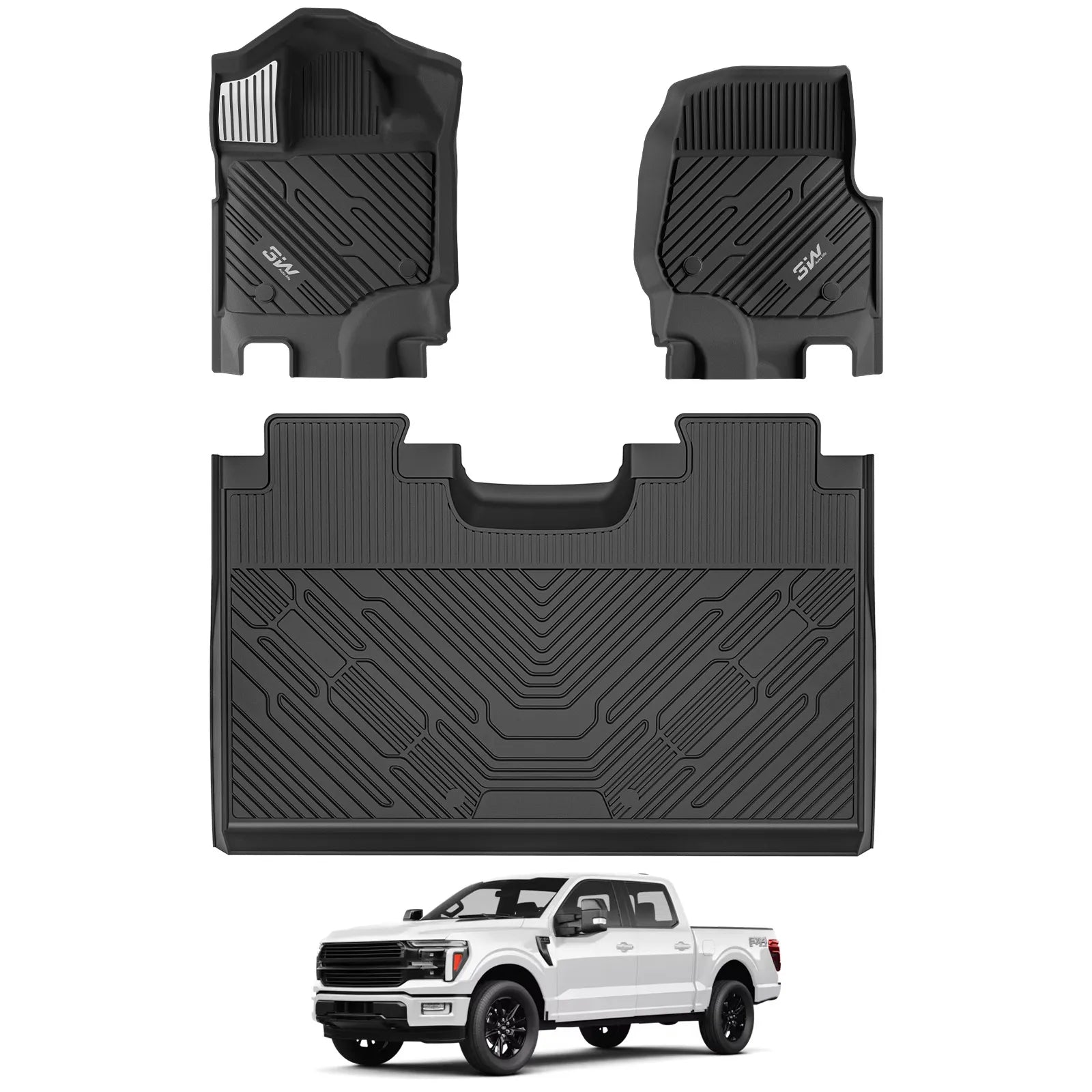 3W All-Weather Floor Mats Fit Ford F150 / F-150 Lightning SuperCrew Cab 2015-2026 (without Original Folding Under-Seat Storage Box) - 3Wliners