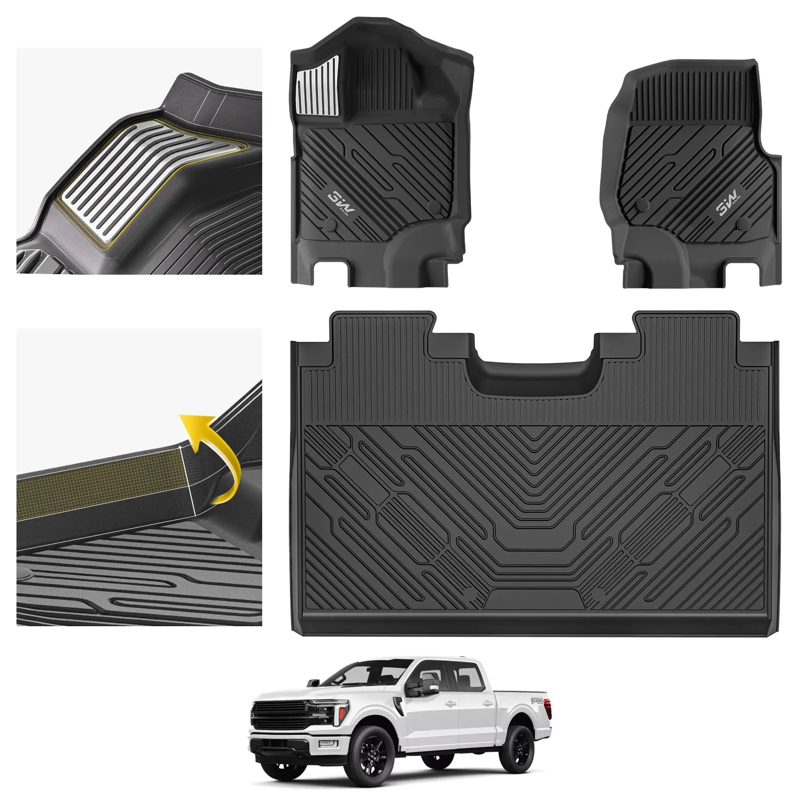 3W All-Weather Floor Mats Fit Ford F150 / F-150 Lightning SuperCrew Cab 2015-2026 (without Original Folding Under-Seat Storage Box) - 3Wliners