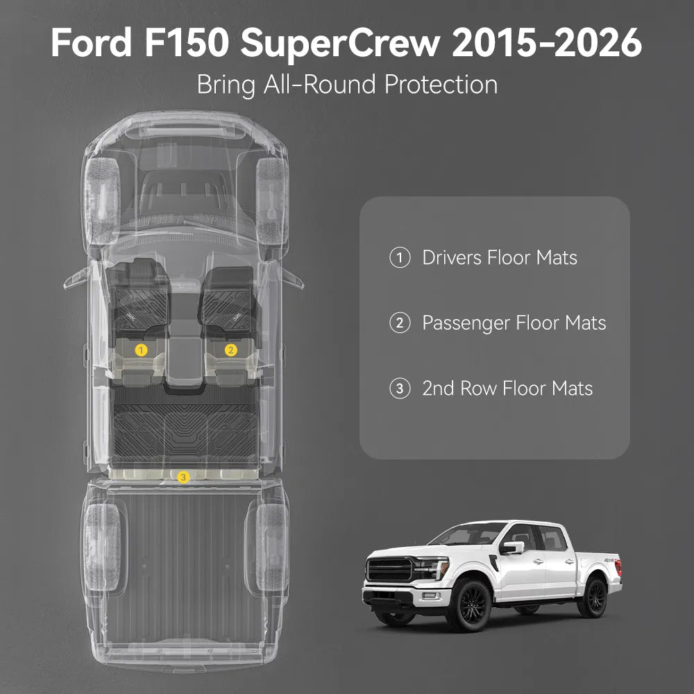 3W All-Weather Floor Mats Fit Ford F150 / F-150 Lightning SuperCrew Cab 2015-2026 (without Original Folding Under-Seat Storage Box) - 3Wliners