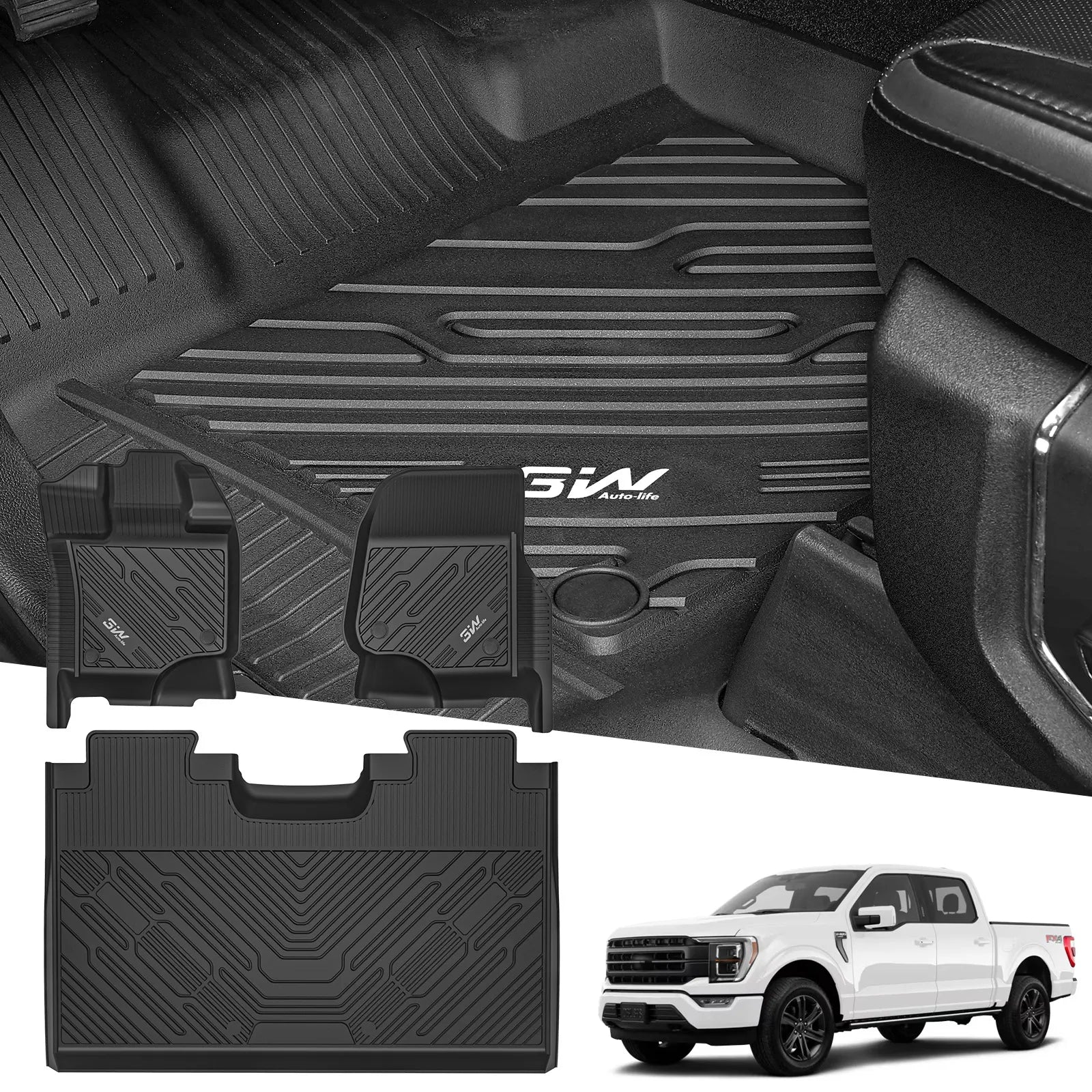 3W All-Weather Floor Mats Fit Ford F150 / F-150 Lightning SuperCrew Cab 2015-2026 (without Original Folding Under-Seat Storage Box) - 3Wliners