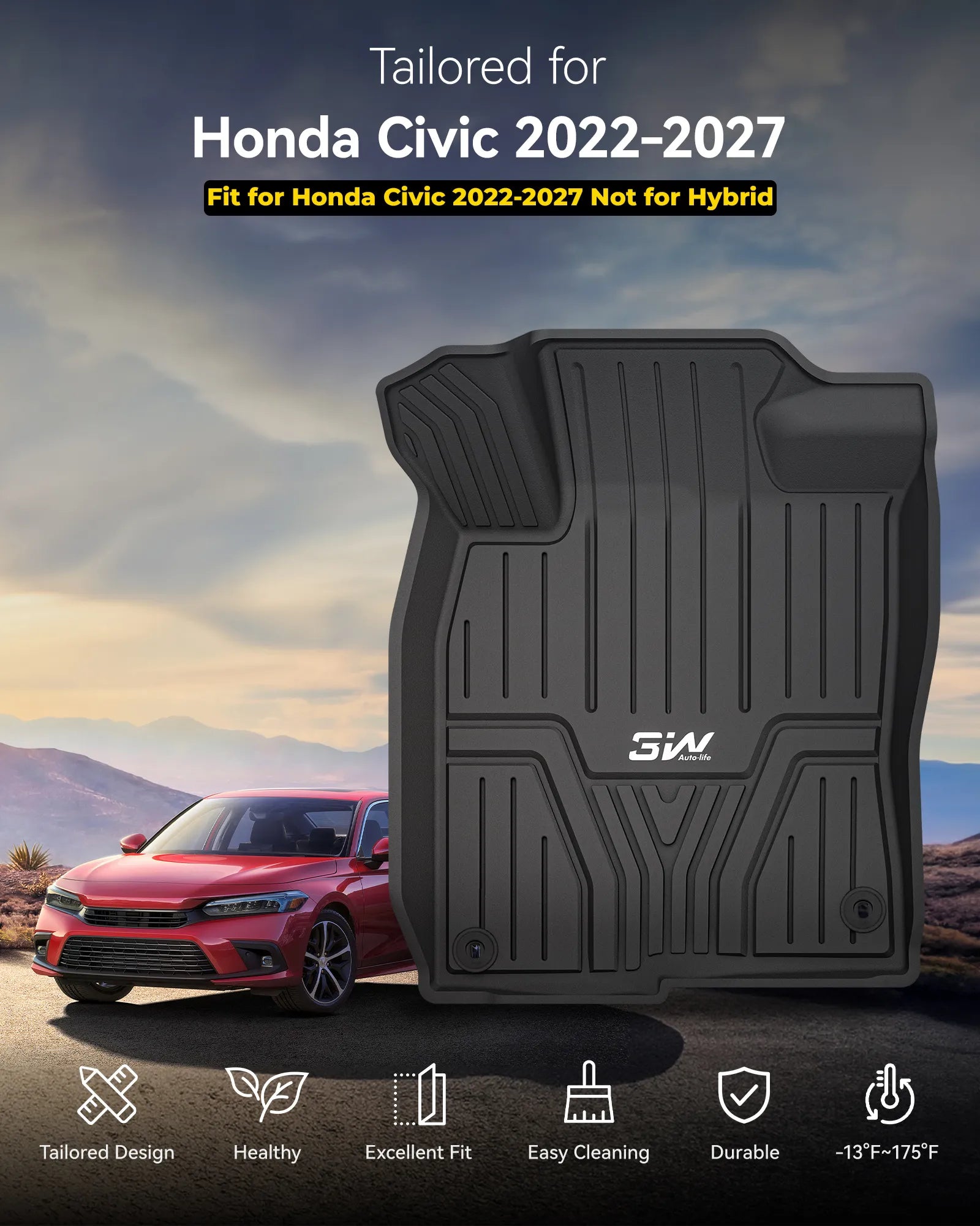 3W Honda Civic 2022-2027(Non Hatchback) Custom Floor Mats Cargo Liner TPE Material & All-Weather Protection Vehicles & Parts 3Wliners 