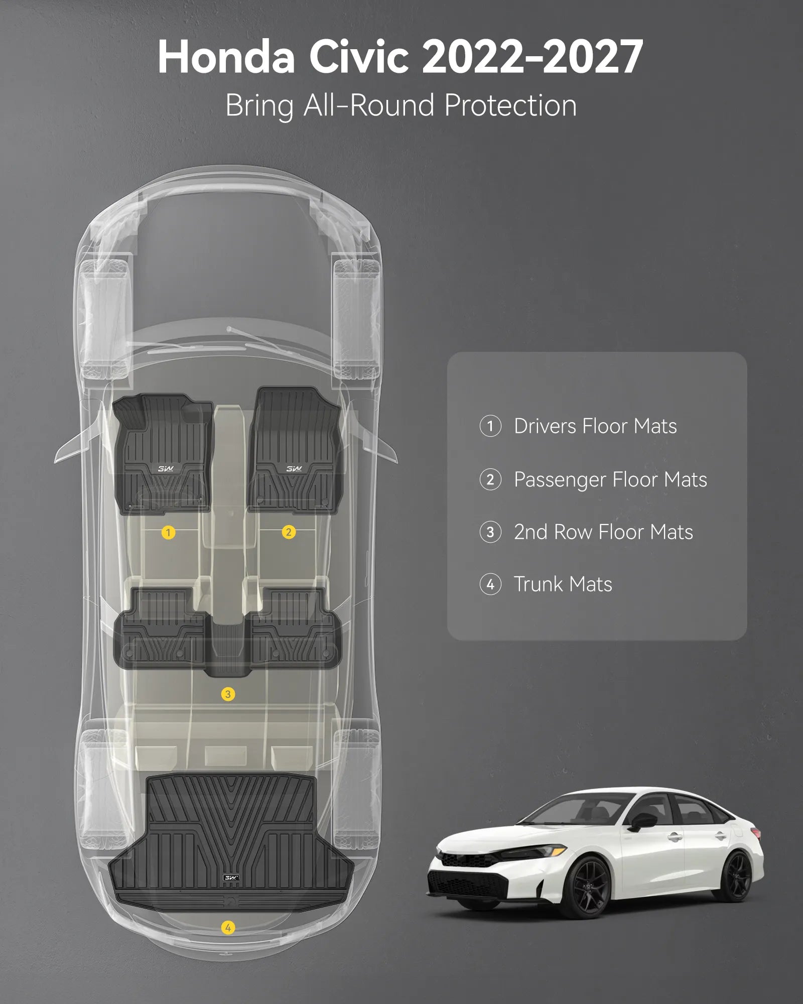 3W Honda Civic 2022-2027(Non Hatchback) Custom Floor Mats Cargo Liner TPE Material & All-Weather Protection Vehicles & Parts 3Wliners 