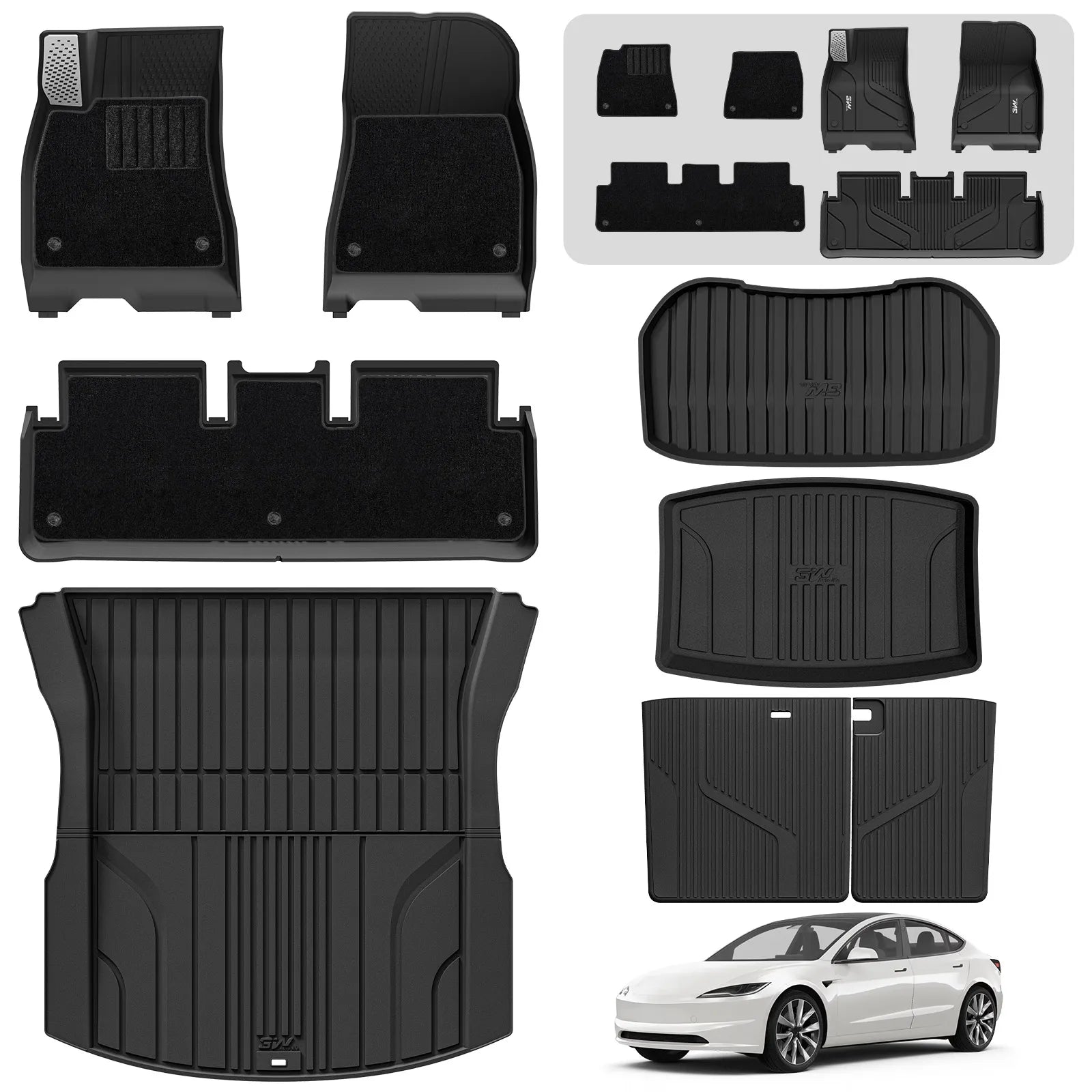 3W Tesla Model 3 Floor Mats 2026 2025 2024 with Metal Pedal & Carpets, Full Set with Cargo Liner, Highland All Weather Custom Fit Rear Trunk Mat Accessories Black