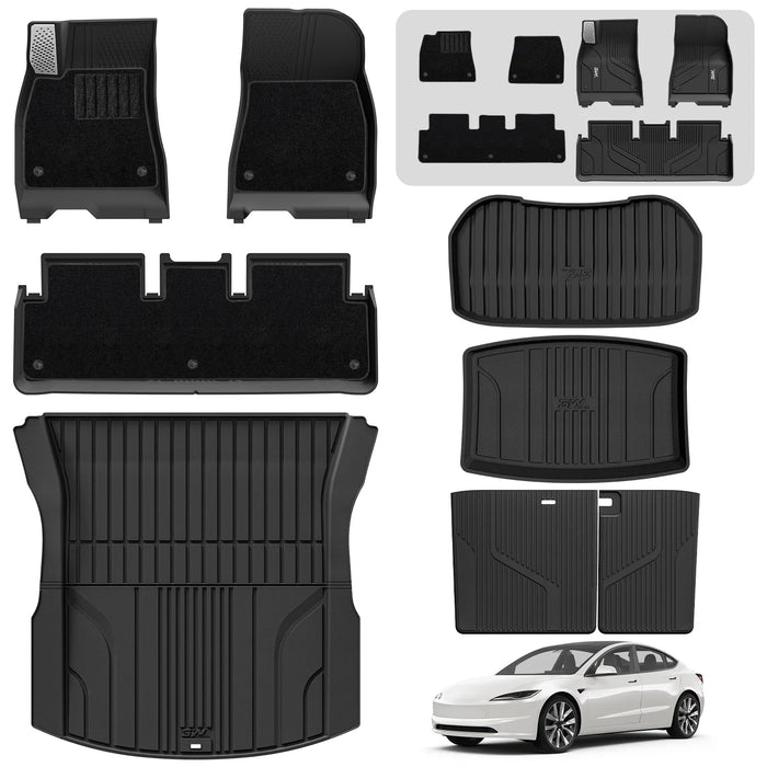3W Tesla Model 3 2024-2026 Highland New Generation Custom Floor Mats / Trunk Mats TPE Material & All-Weather Protection