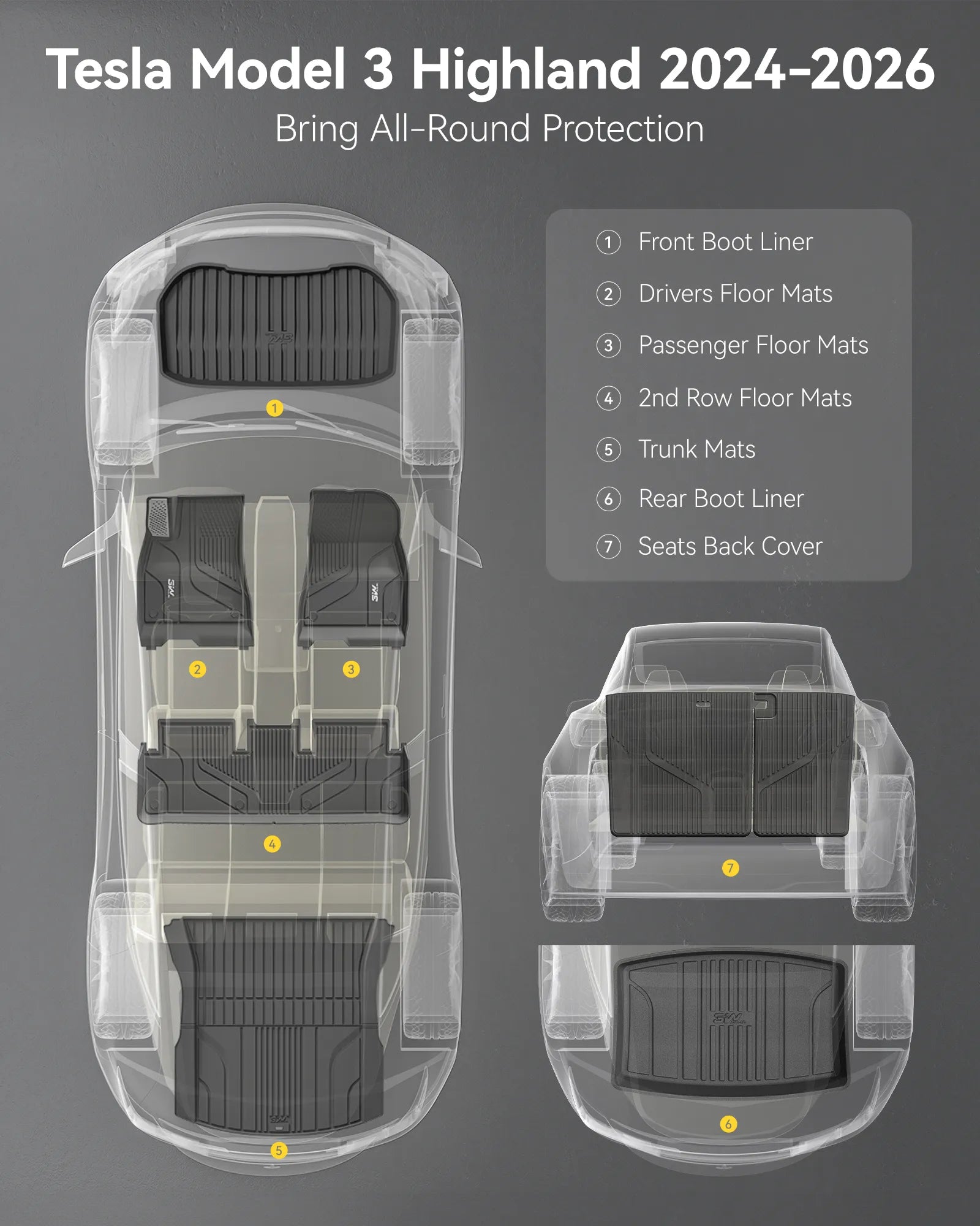 3W Tesla Model 3 Floor Mats 2026 2025 2024 with Metal Pedal, Full Set with Cargo Liner, Highland All Weather Custom Fit Rear Trunk Mat Accessories Black